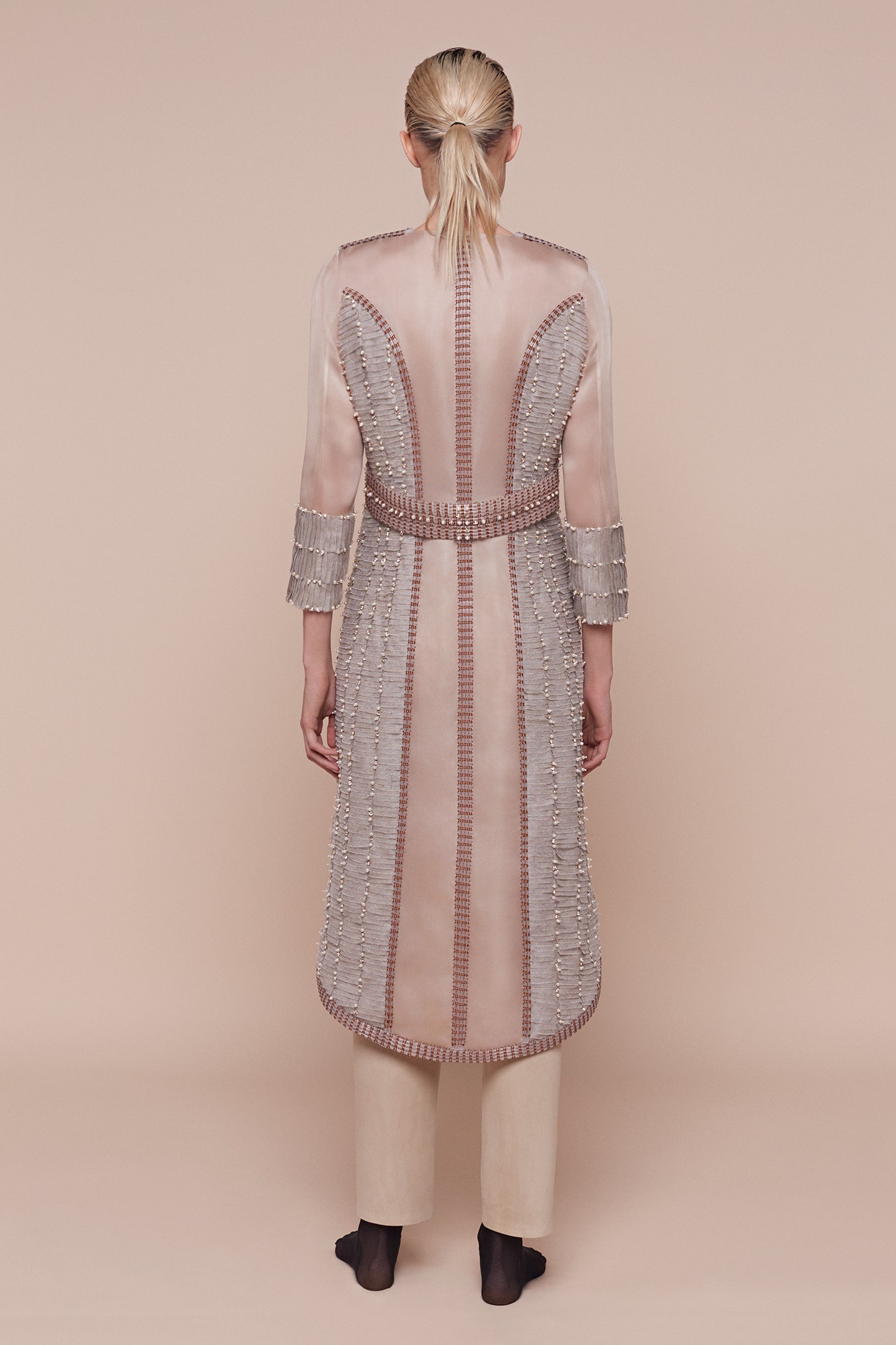 beige silk long-sleeve collared fitted embroidered layered coat