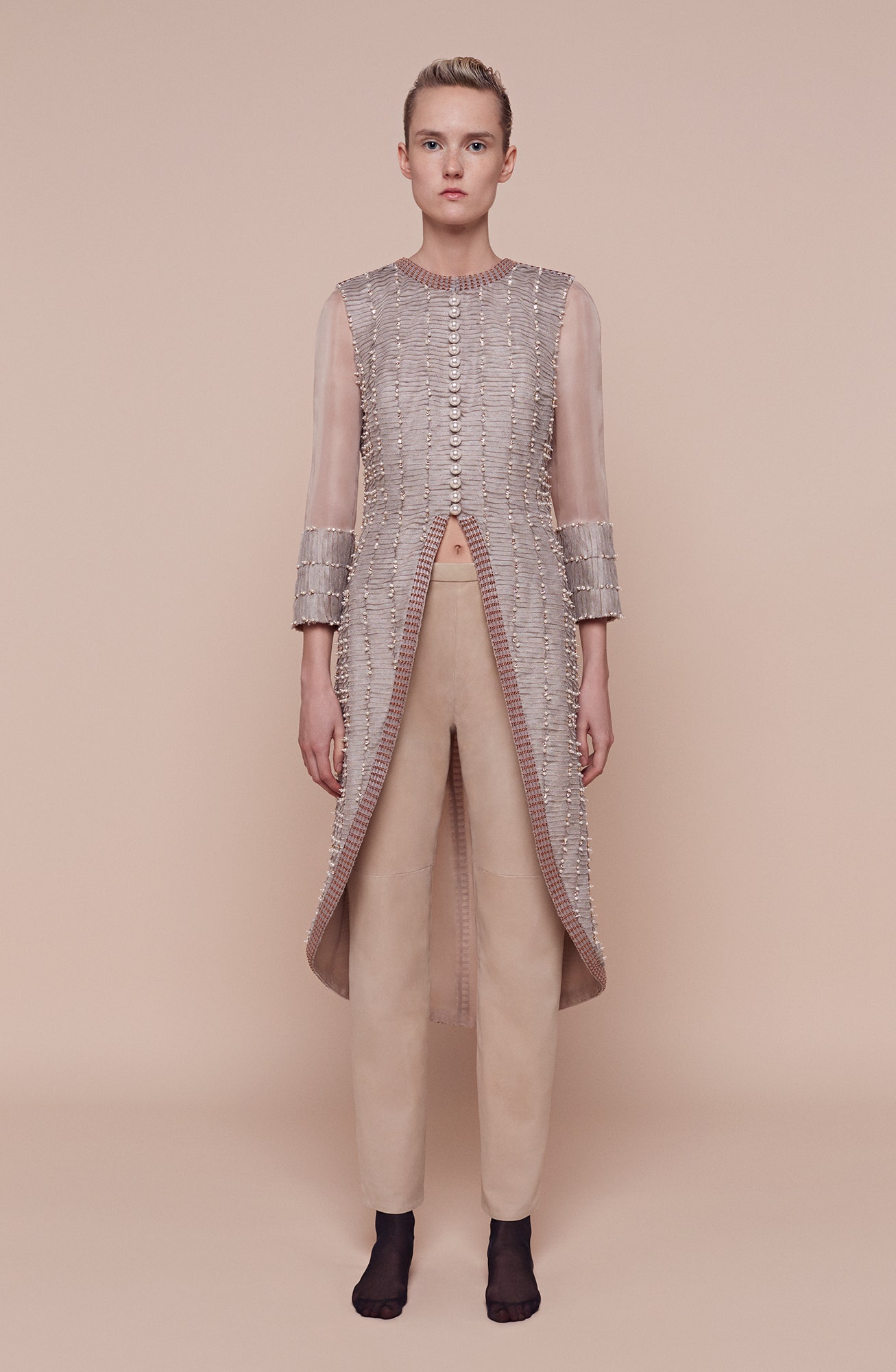 beige suede relaxed straight-leg pants