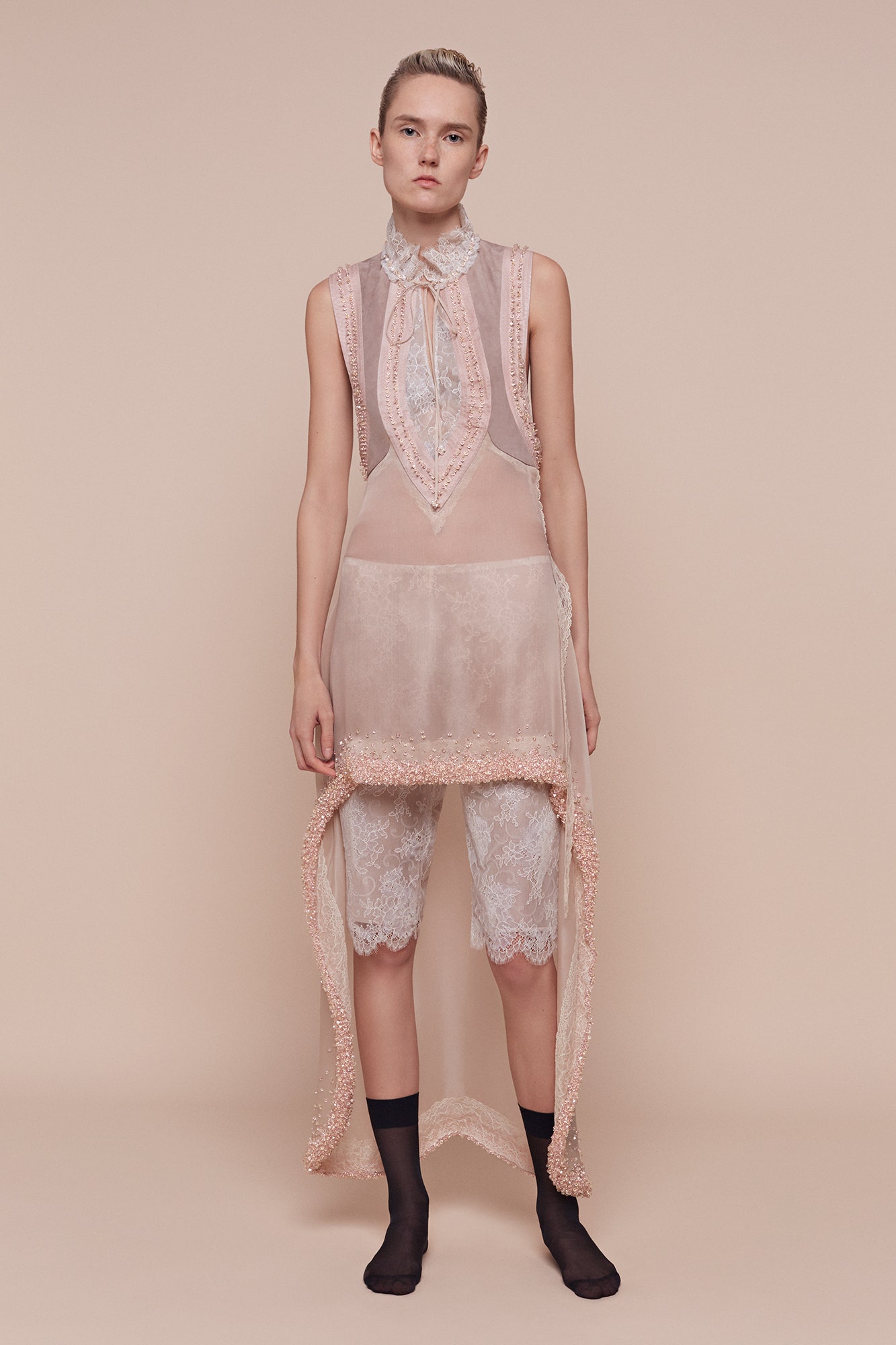 pink sheer layered dress with lace shorts