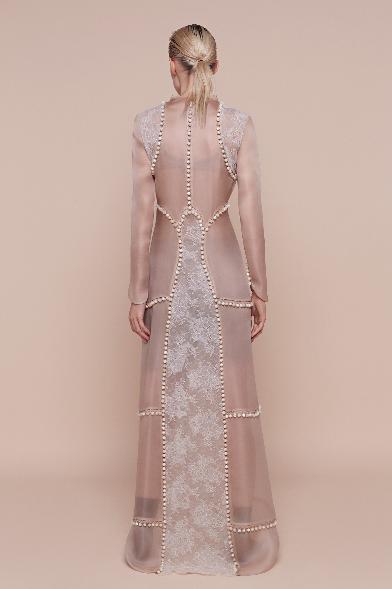 beige sheer embroidered gown