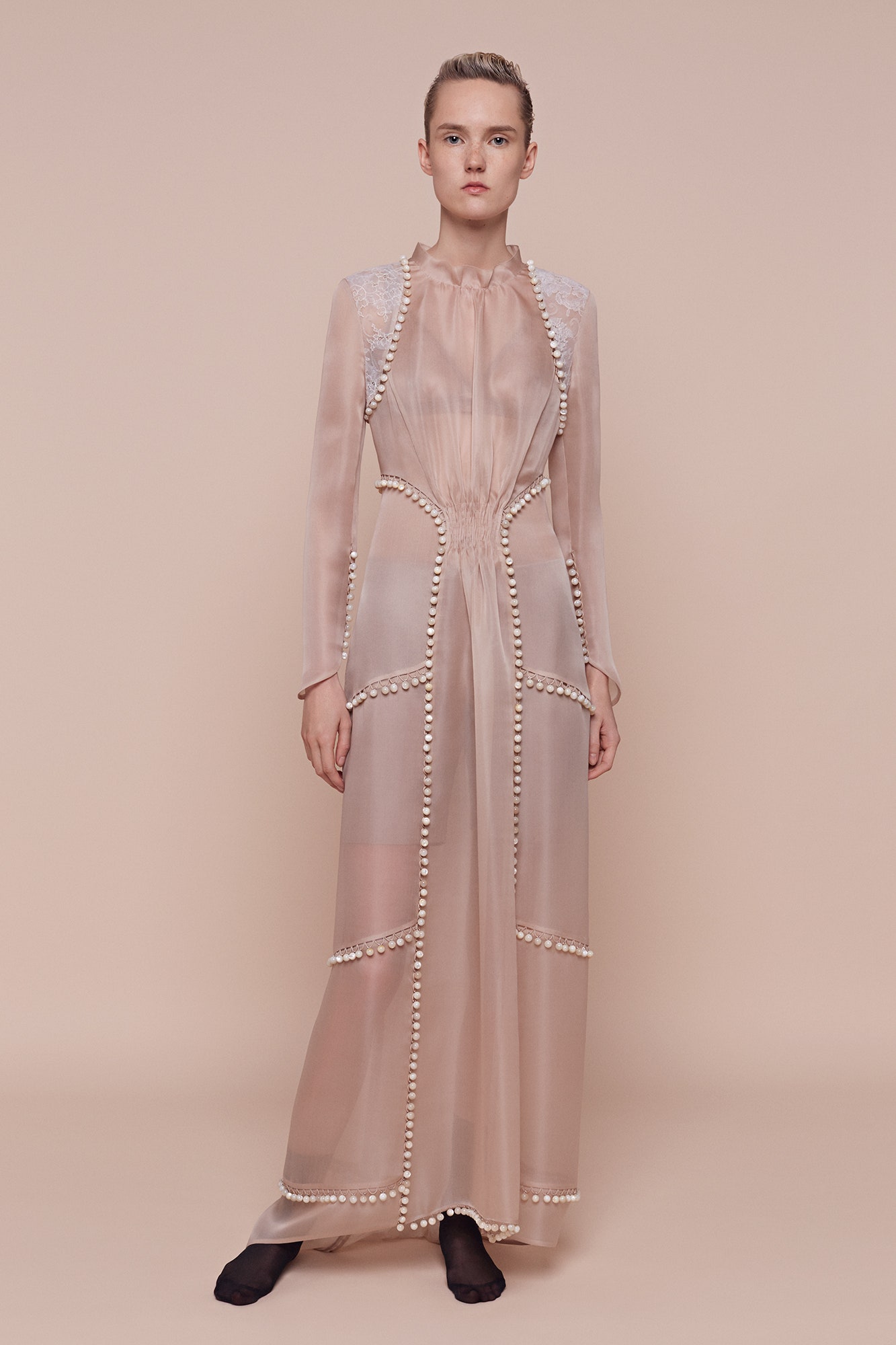 beige silk fitted gown