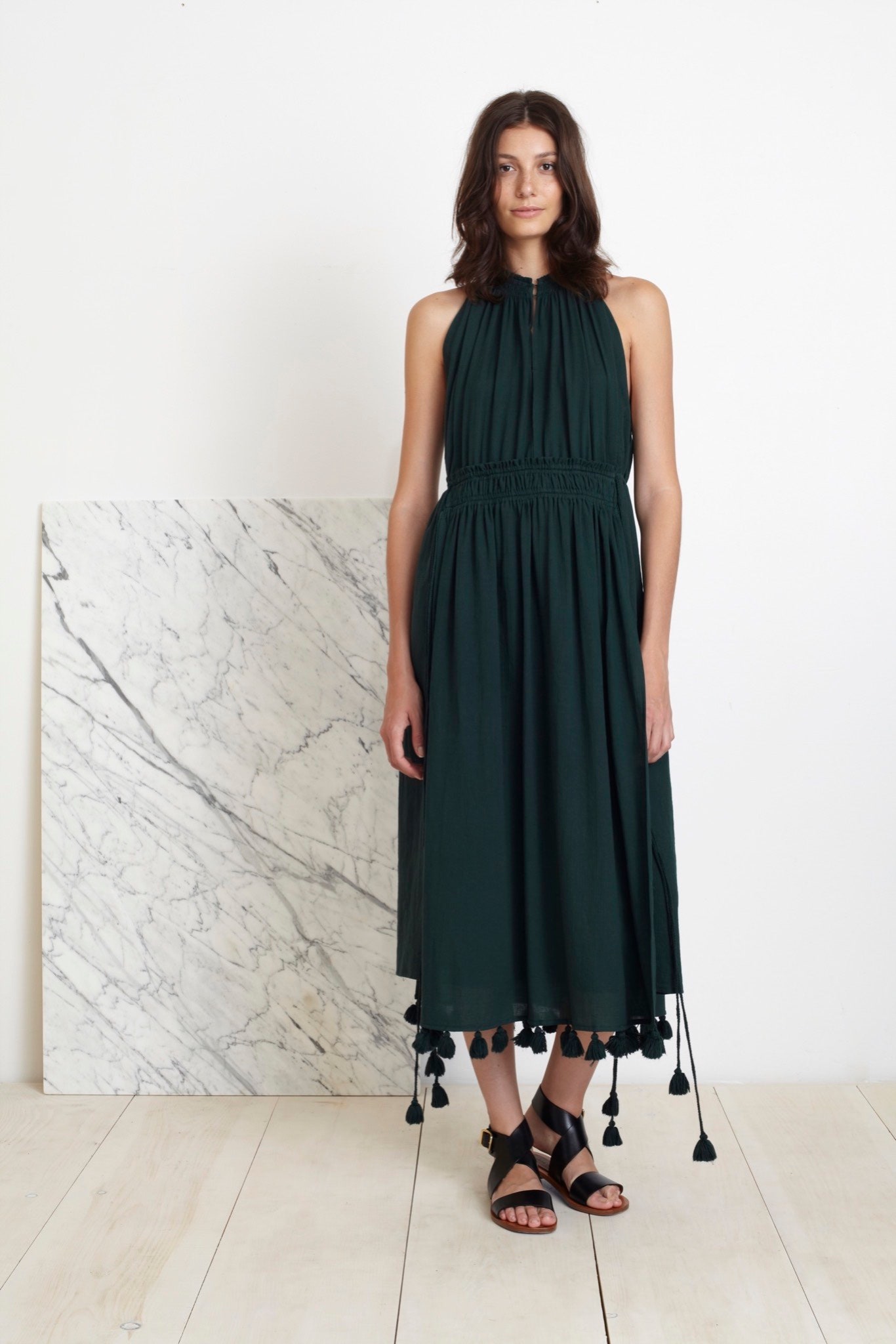 green cotton sleeveless high-neck relaxed tiered midi dress