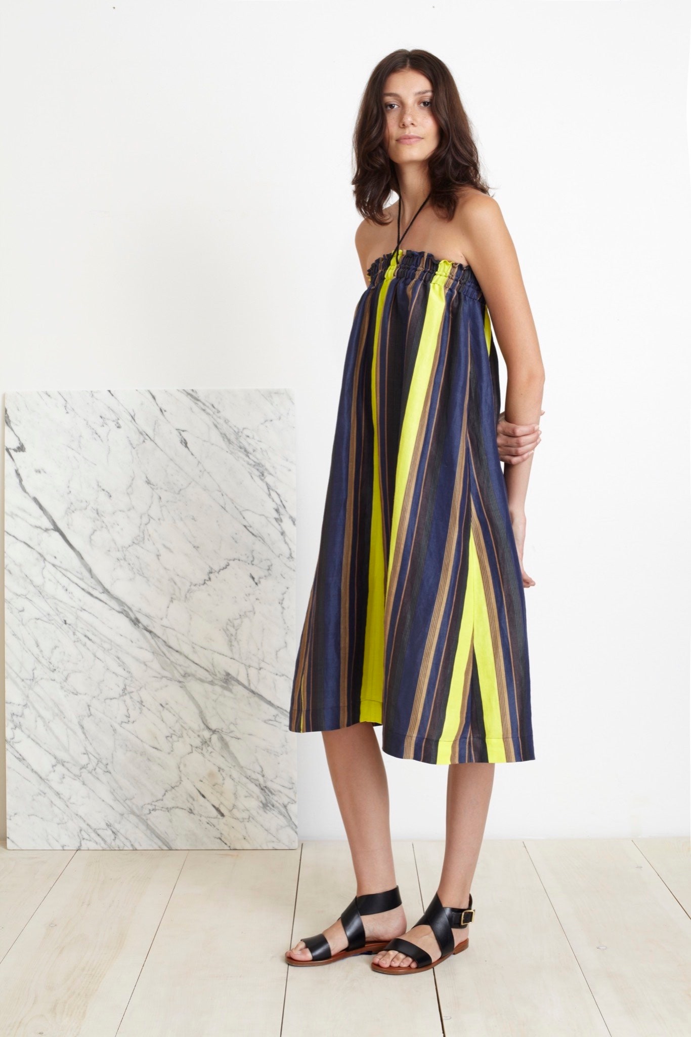 blue cotton sleeveless strapless relaxed striped tiered dress