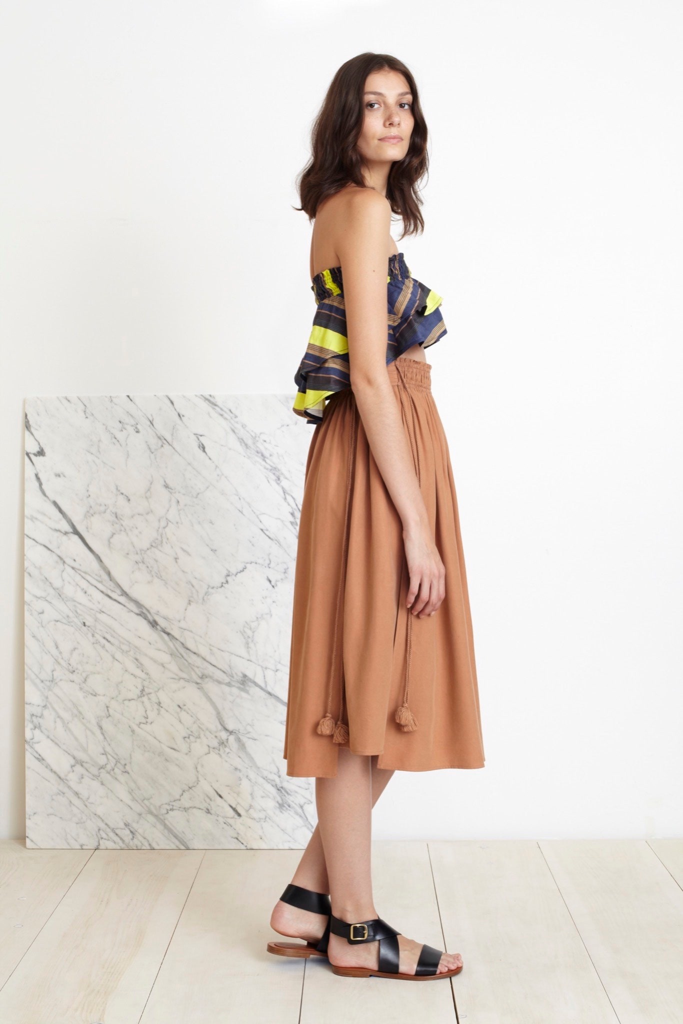 brown cotton relaxed high-waisted tiered midi skirt
