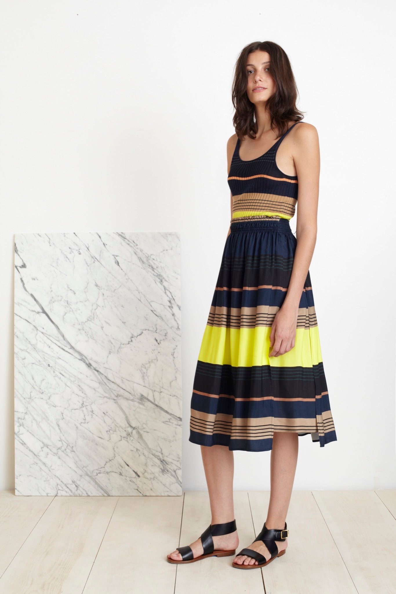 blue and yellow striped midi dress