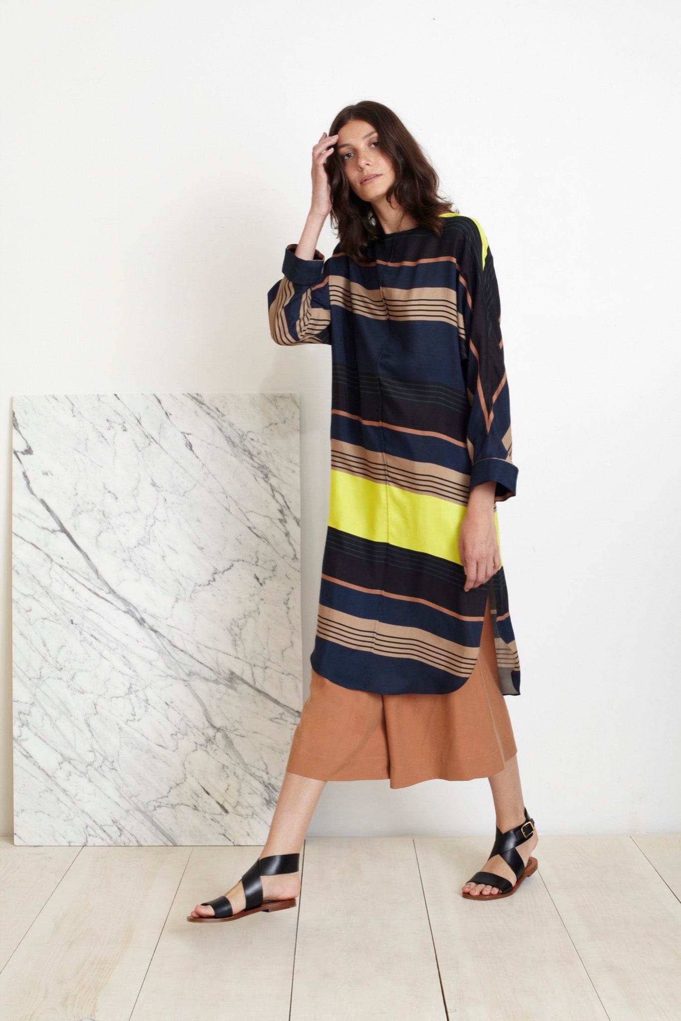 striped midi dress with relaxed pants