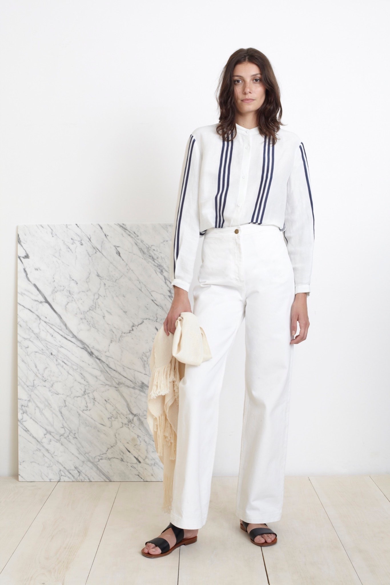white fitted shirt and relaxed pants