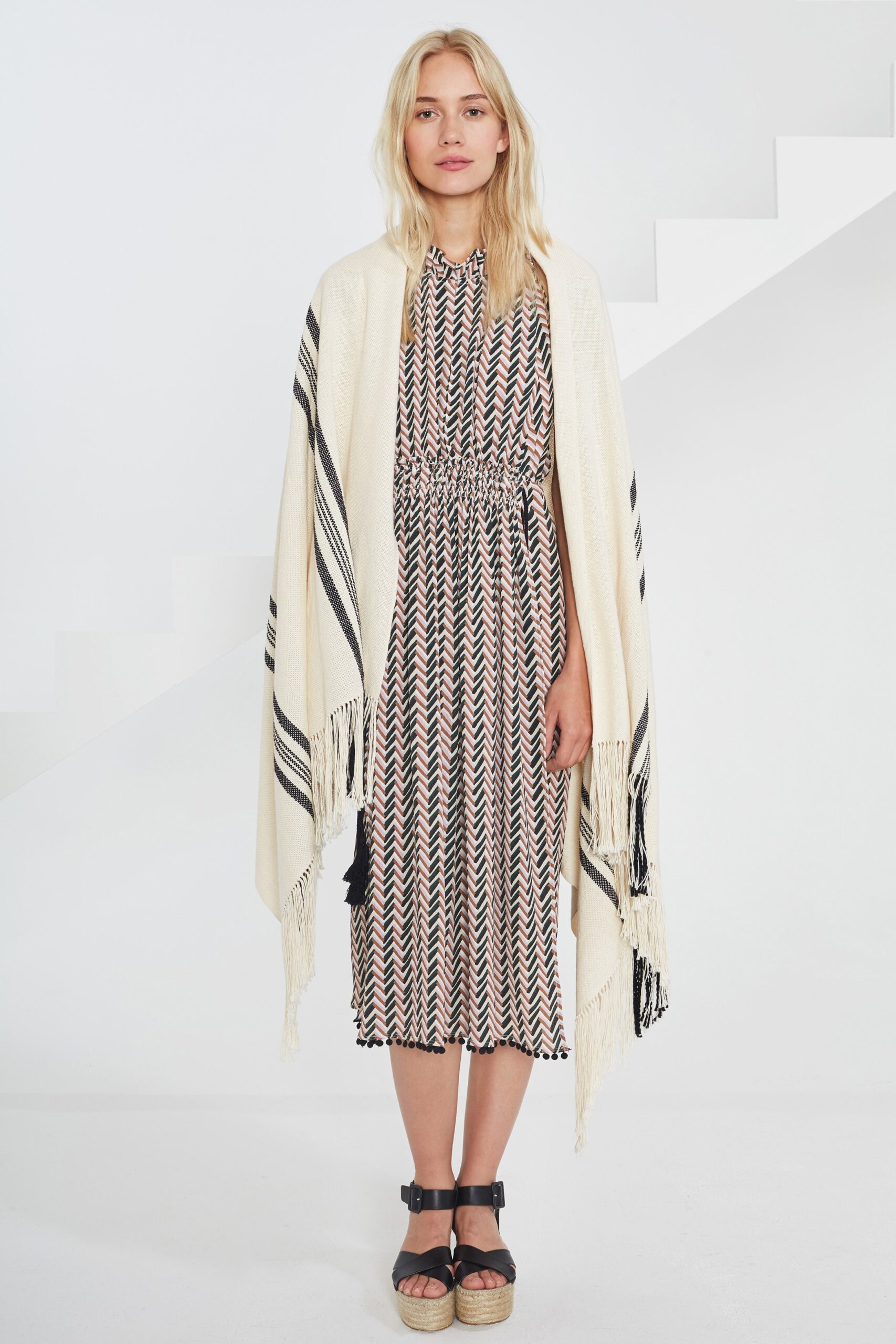 beige cotton relaxed fringed poncho