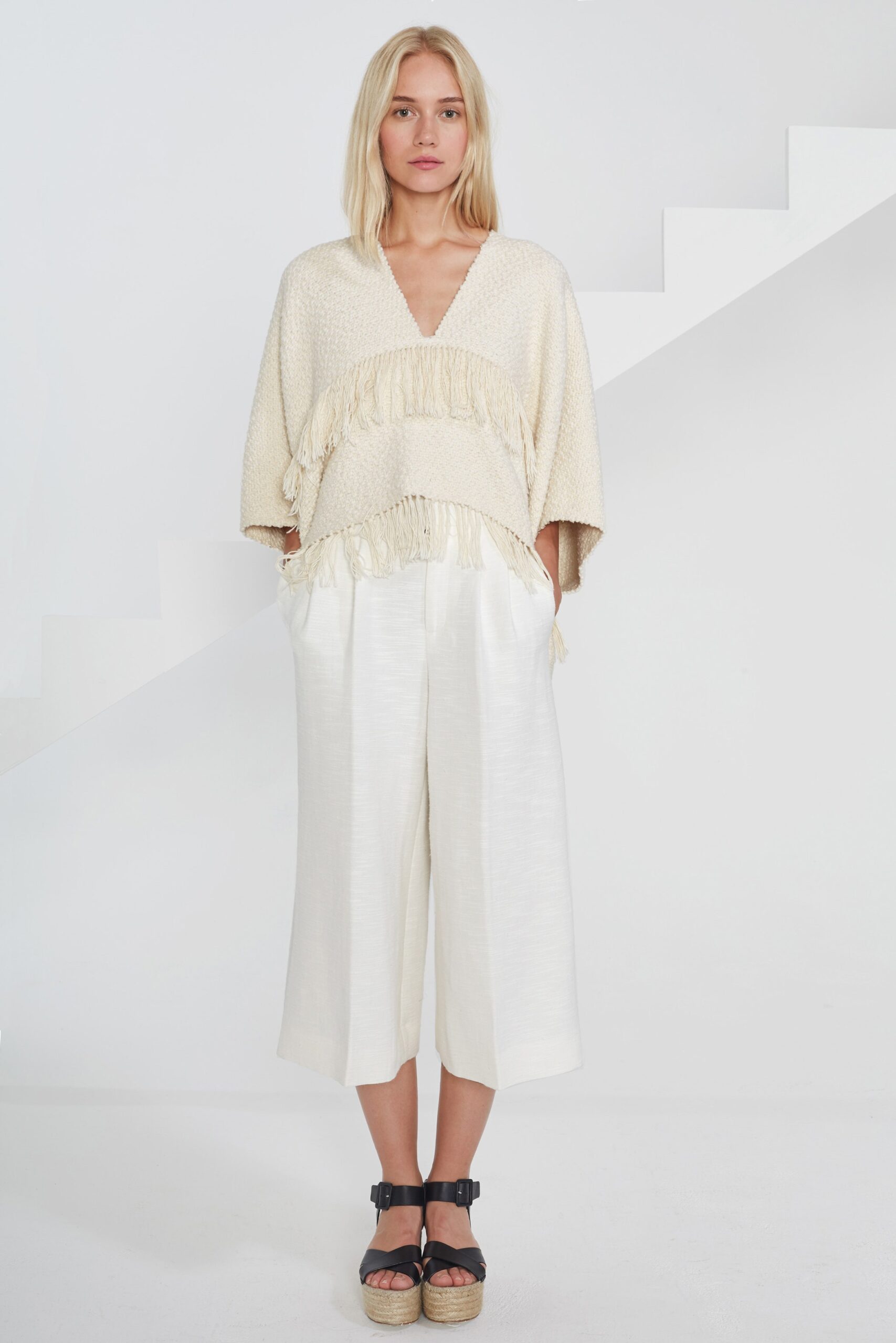 beige cotton sleeveless v-neck relaxed fringed poncho