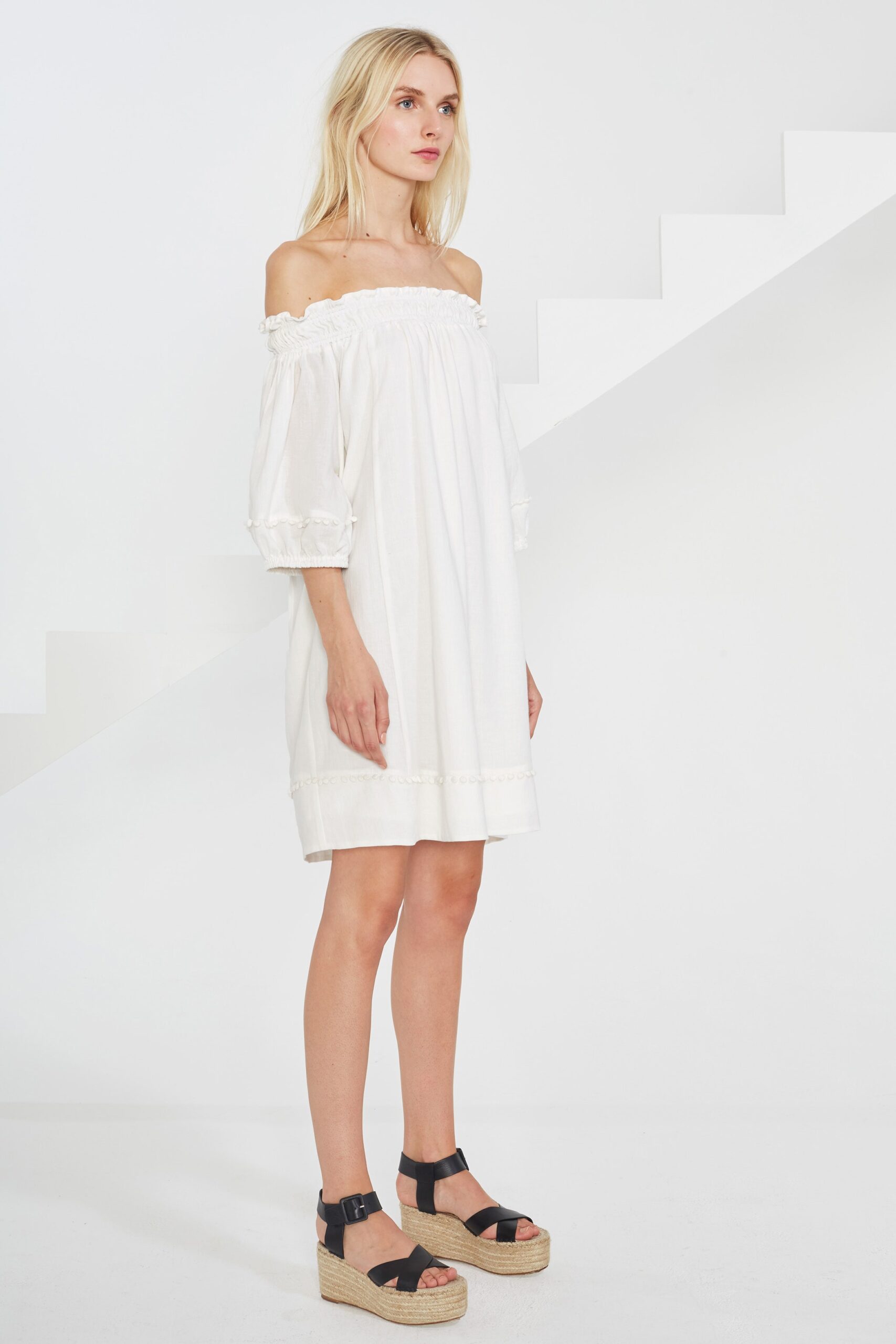 white cotton off-shoulder short-sleeve relaxed ruffled short dress