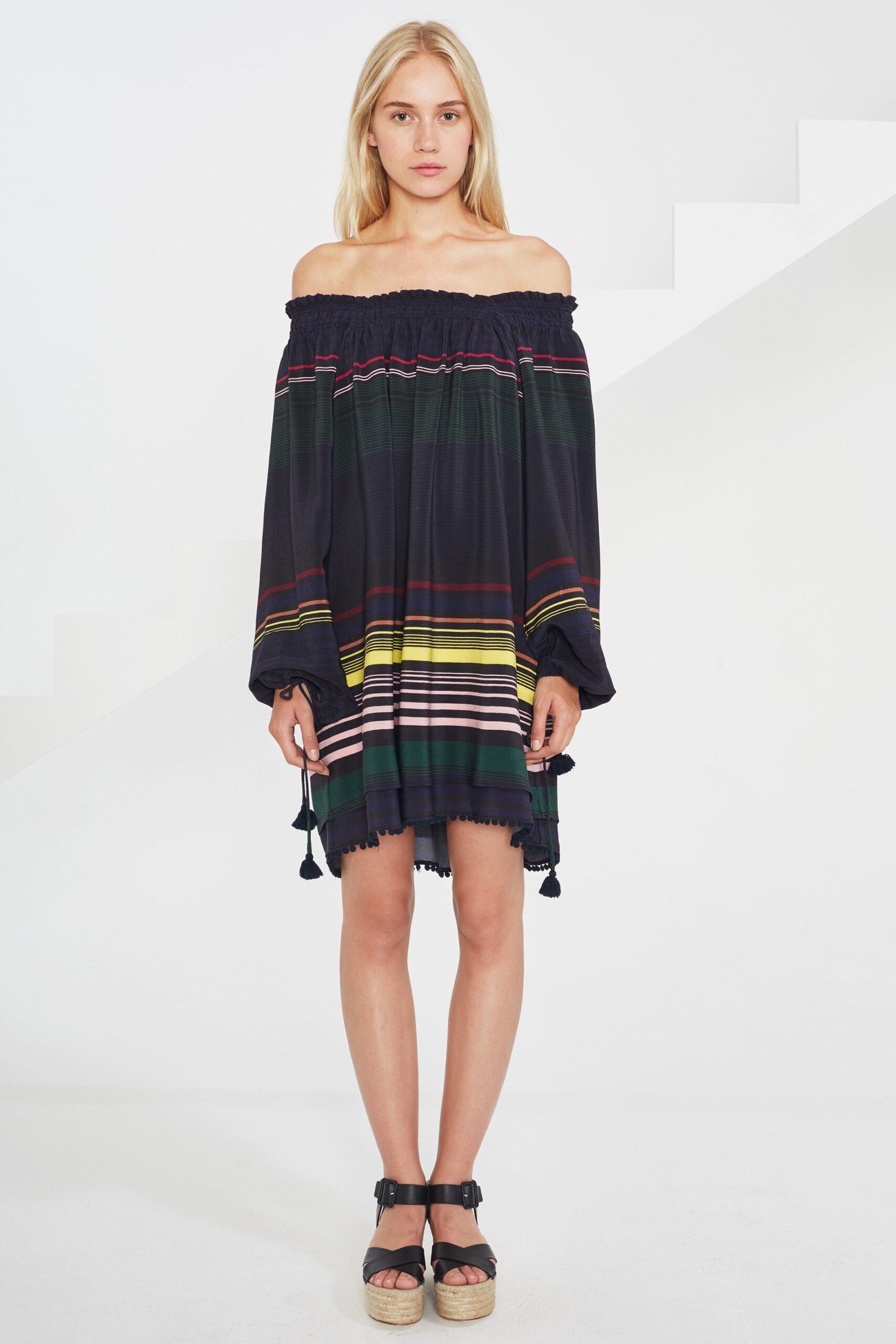 black multi-striped off-shoulder dress