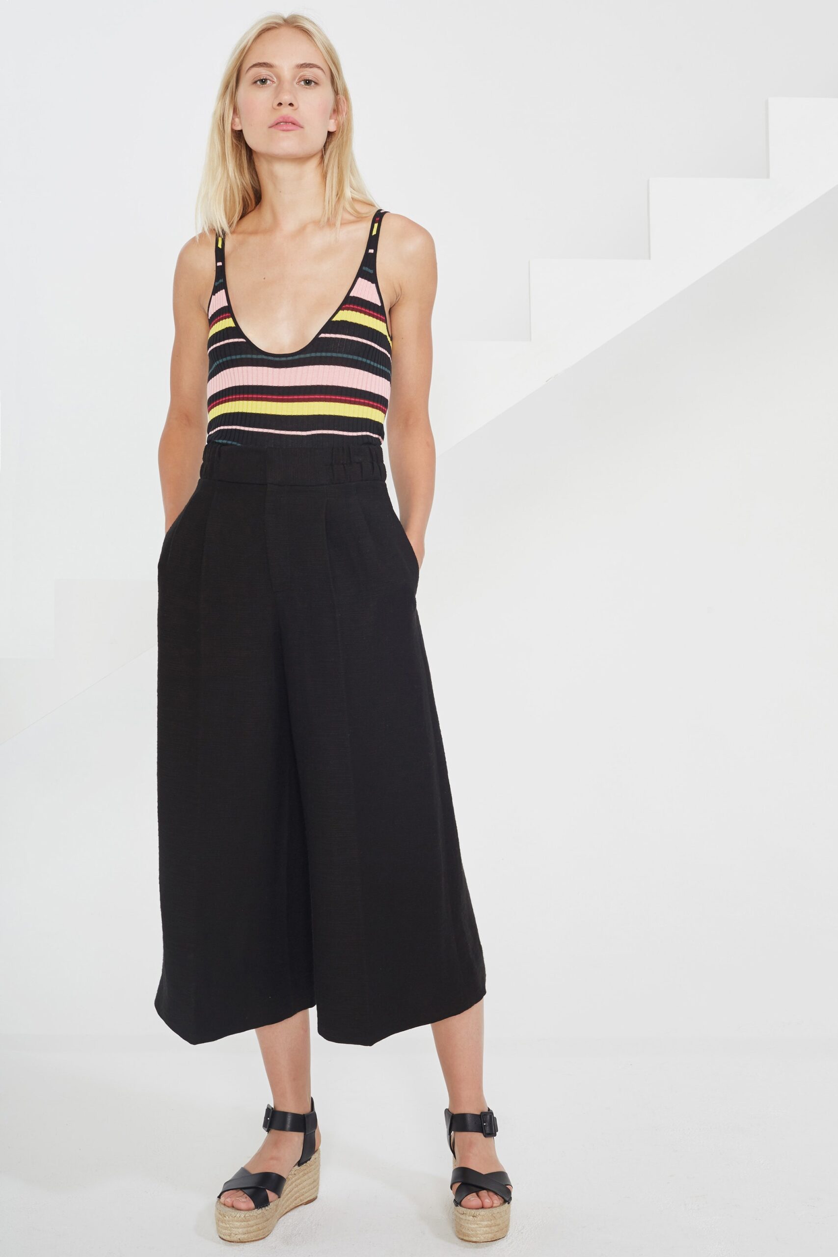 striped sleeveless top with wide-leg pants