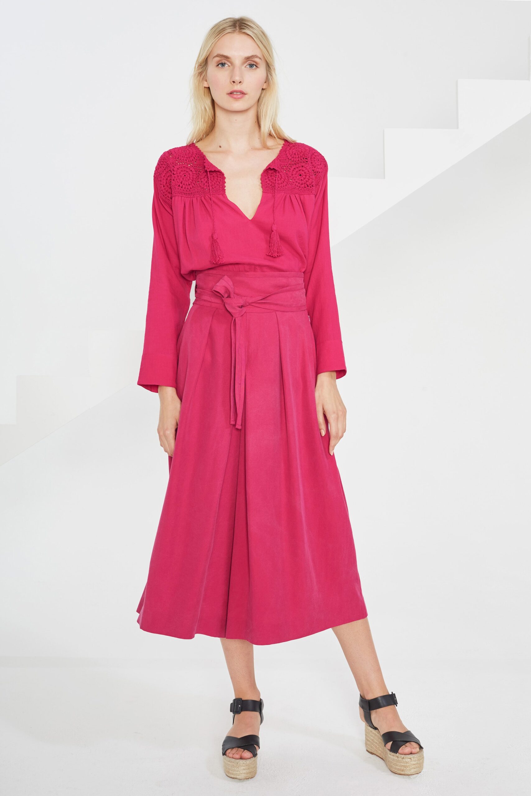 pink fitted midi dress