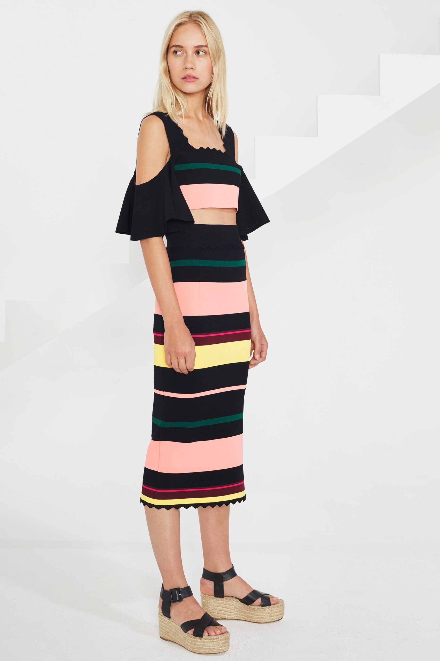 striped off-shoulder midi dress