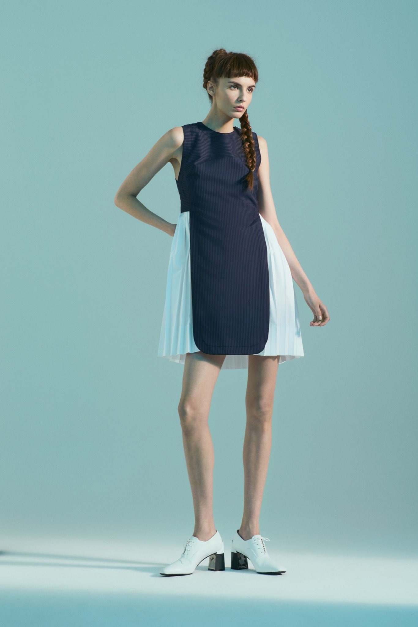 blue and white pleated mini dress