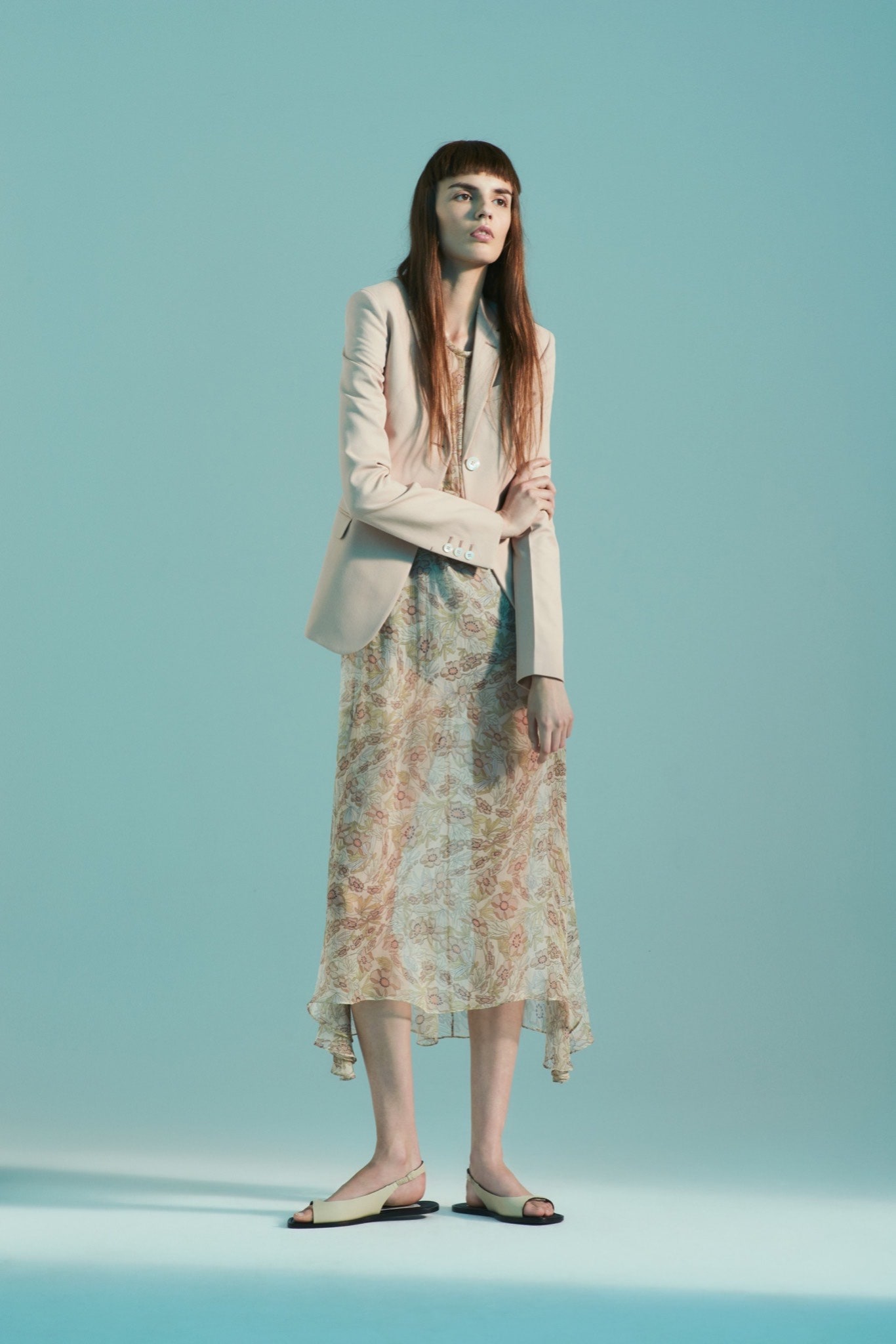 multi silk sleeveless high-neck fitted layered flowing dress