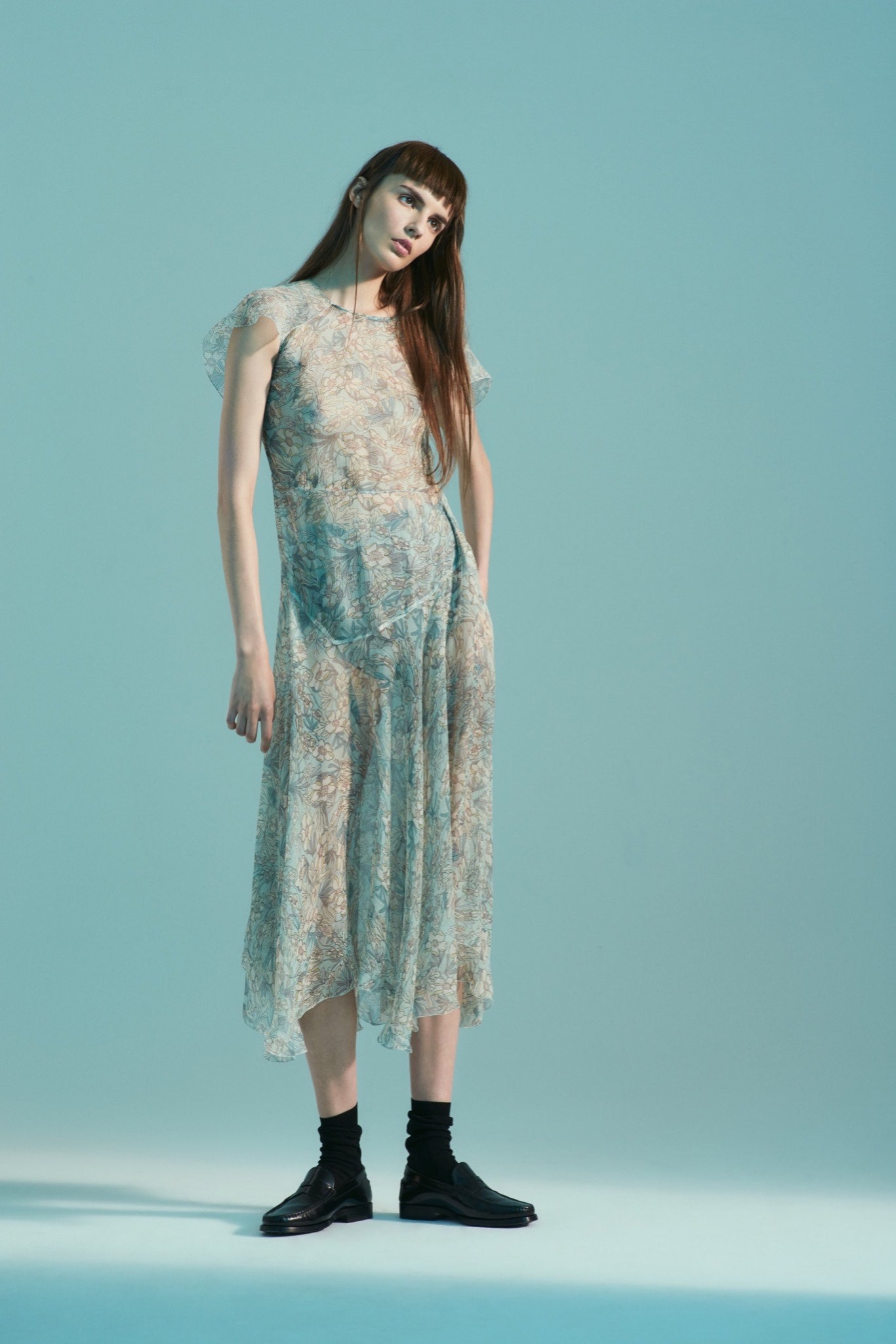 blue beige flowing midi dress