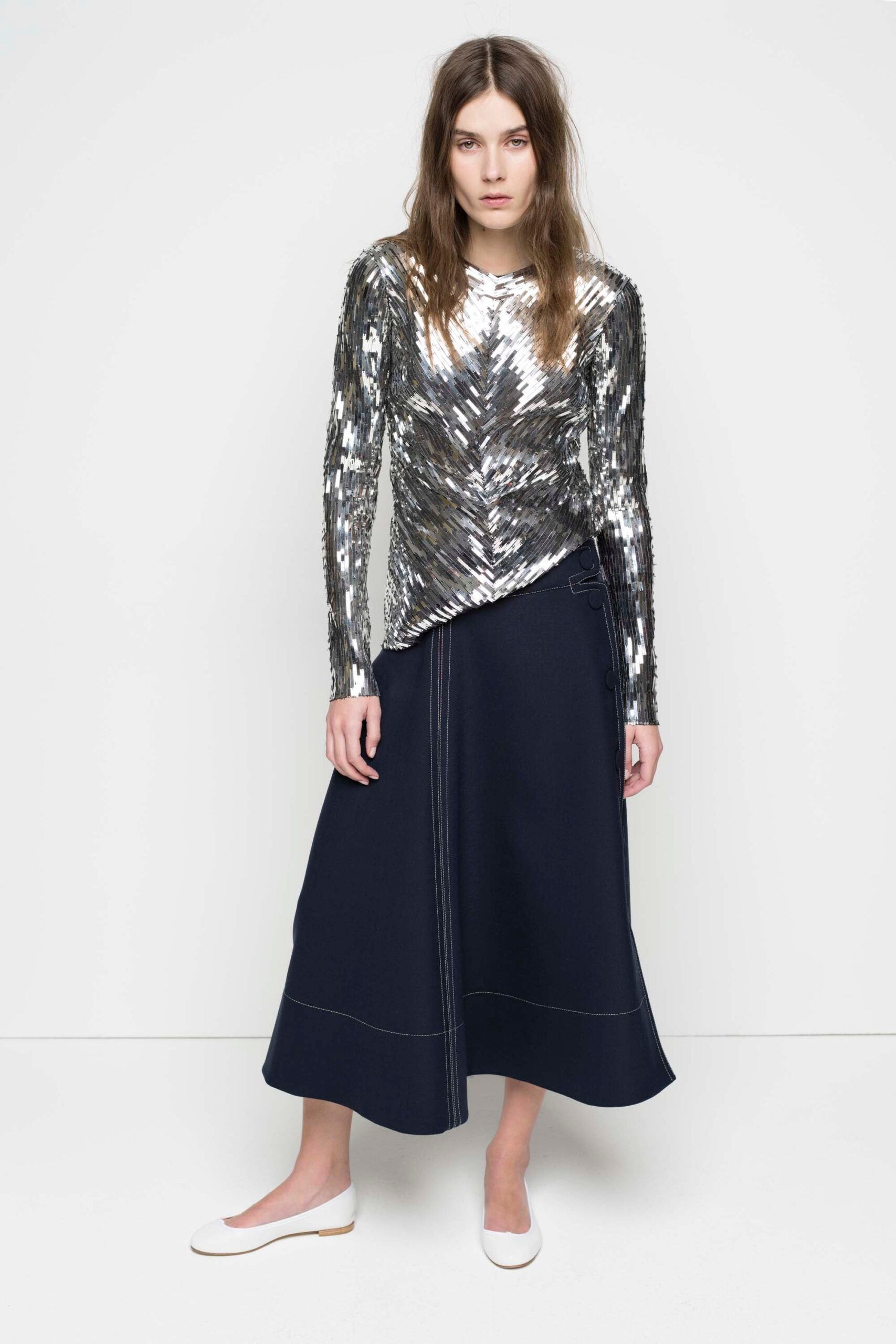silver sequin fitted top and navy midi skirt