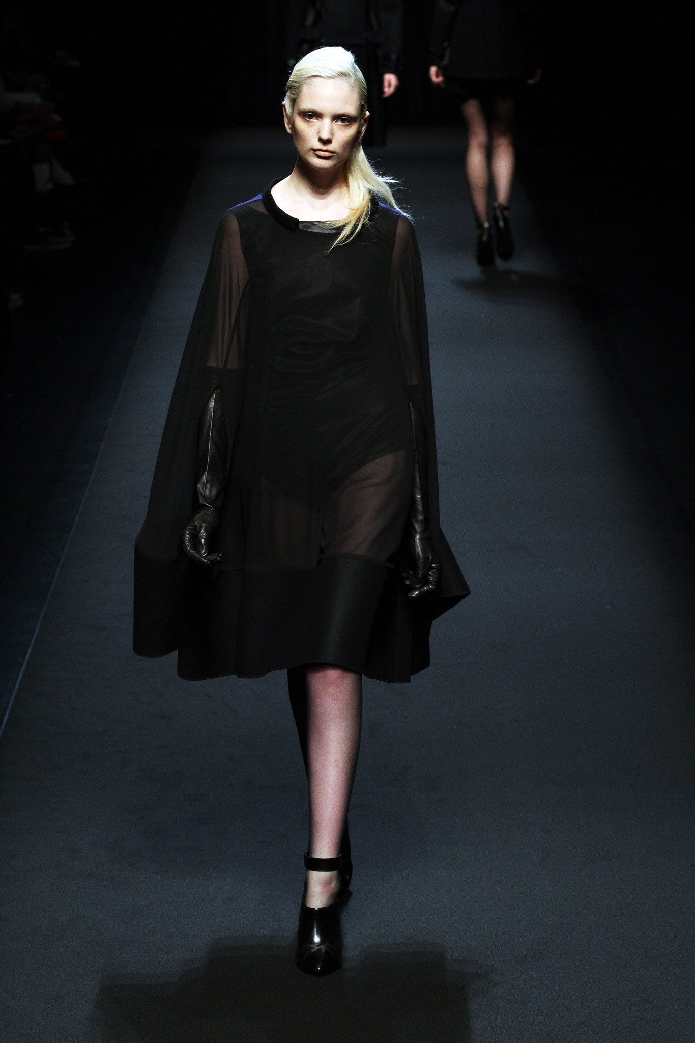 black sheer midi dress with gloves