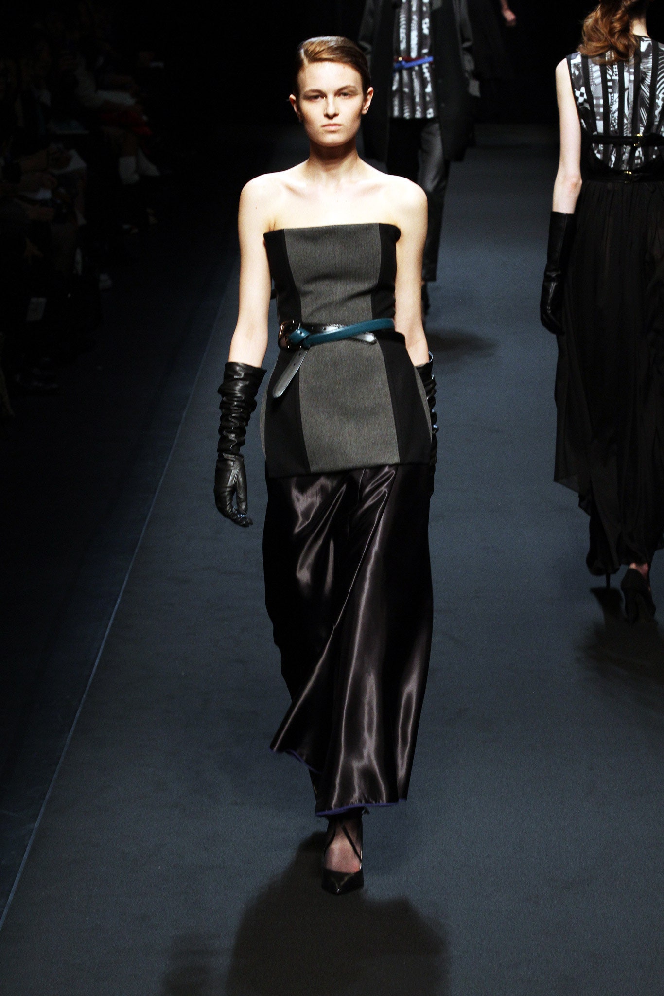 black gray strapless midi dress with gloves