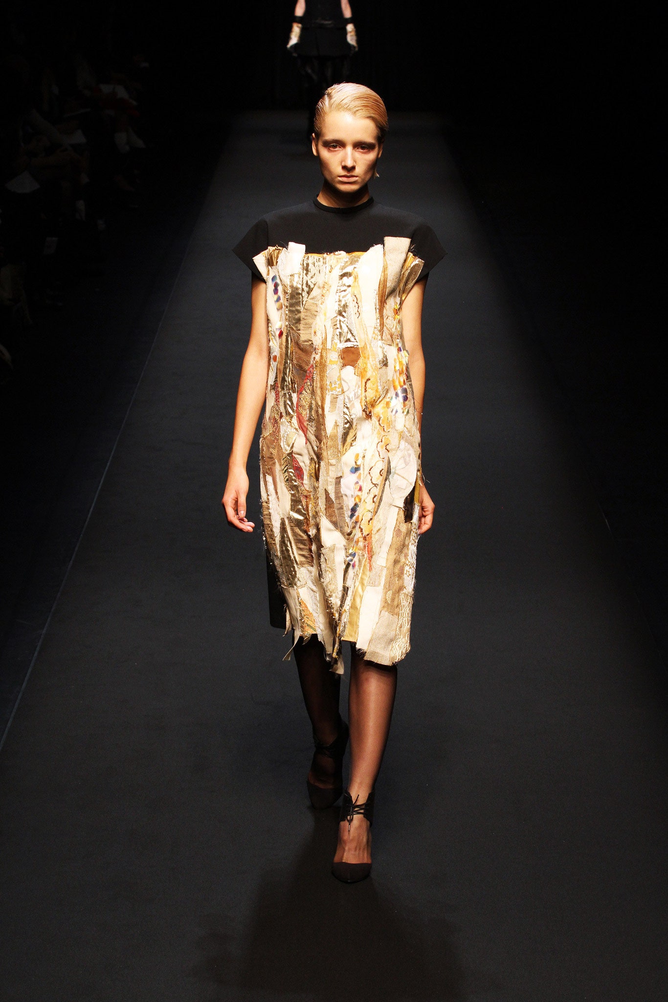 gold and white printed mini dress