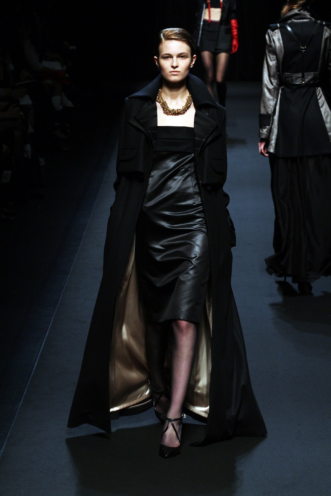 black silk long-sleeve collared structured layered coat