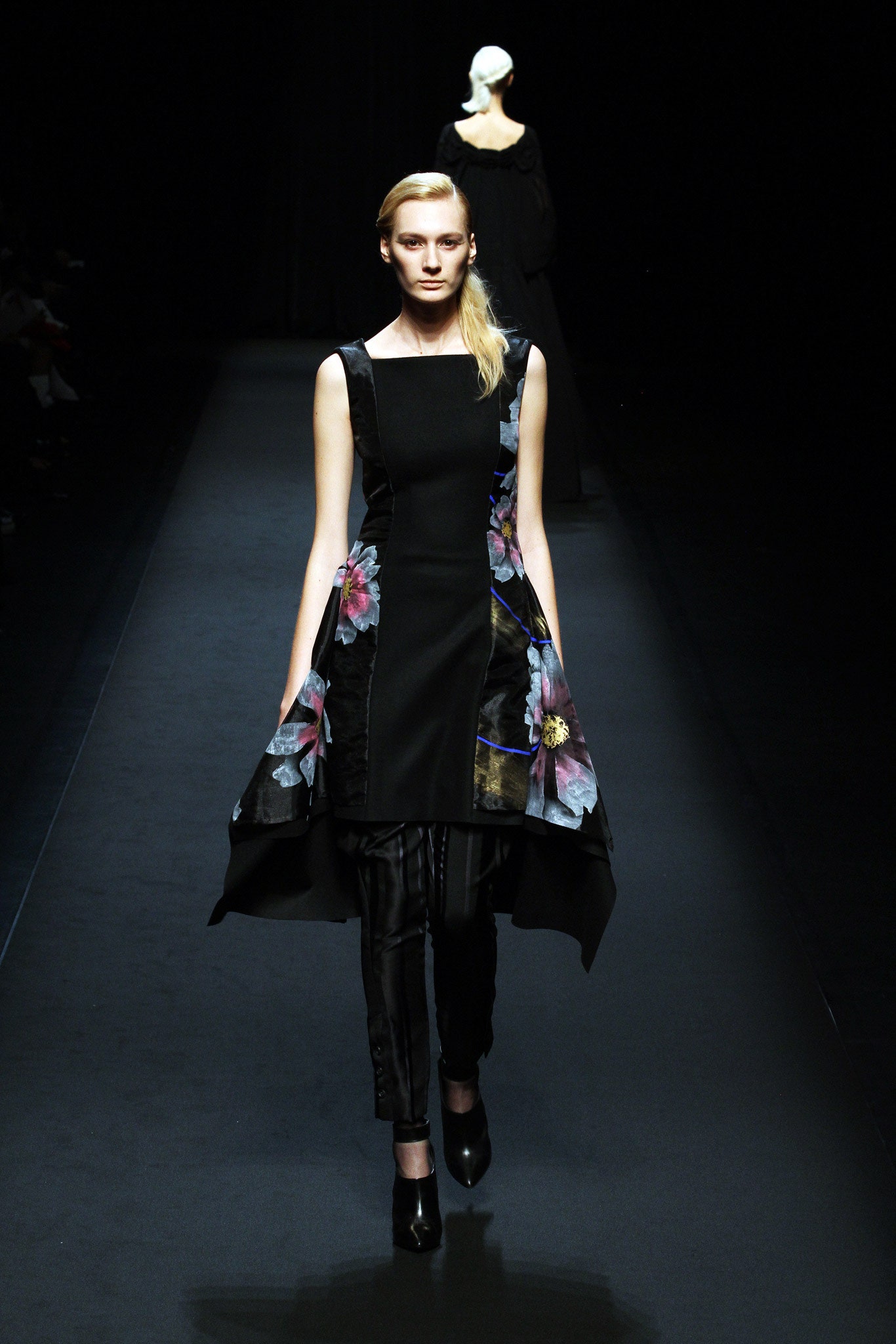 black silk embroidered midi dress and slim pants