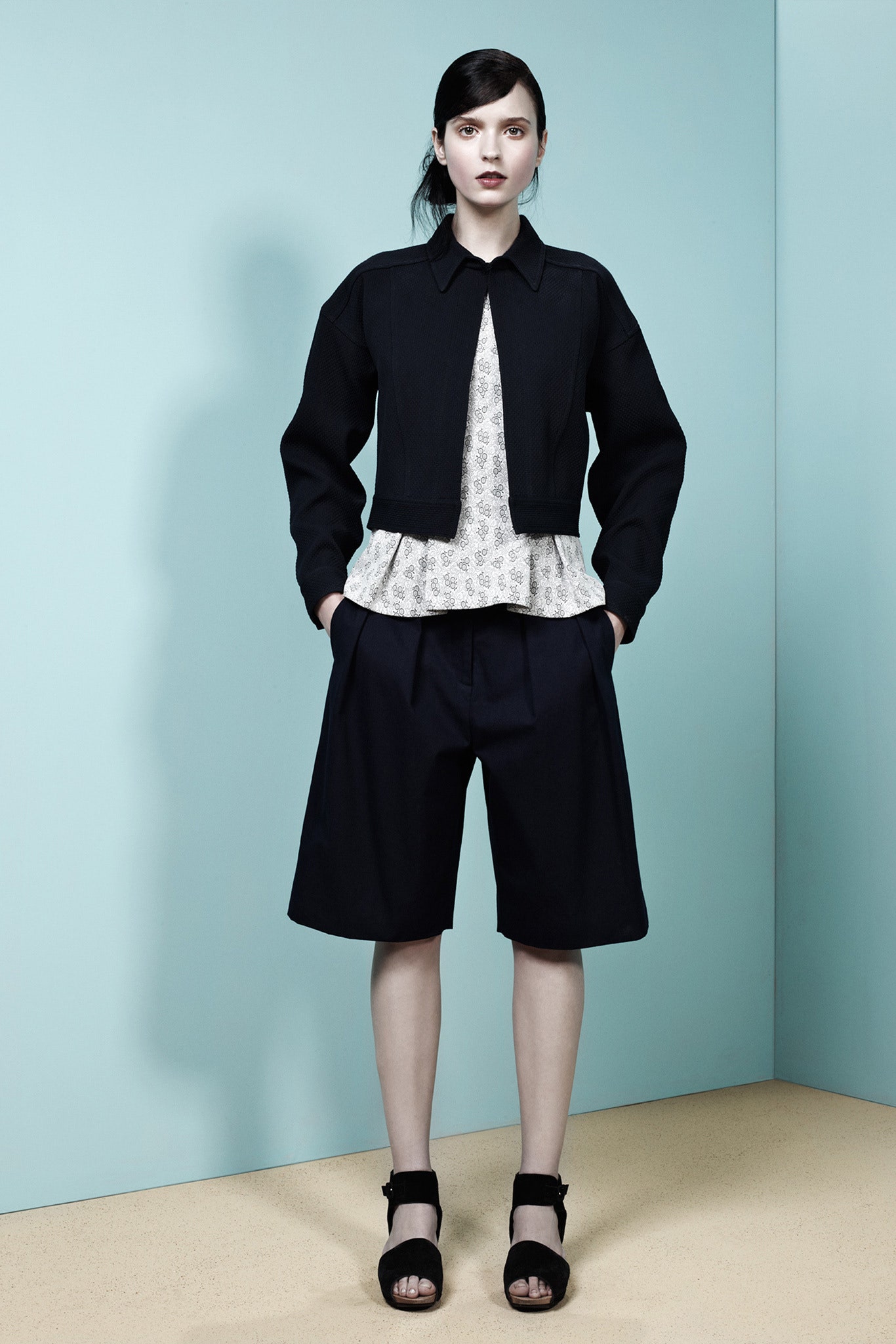 black structured jacket with printed top