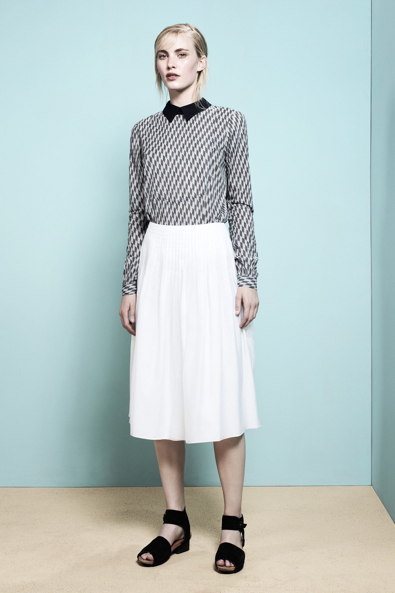 black and white fitted shirt with midi skirt