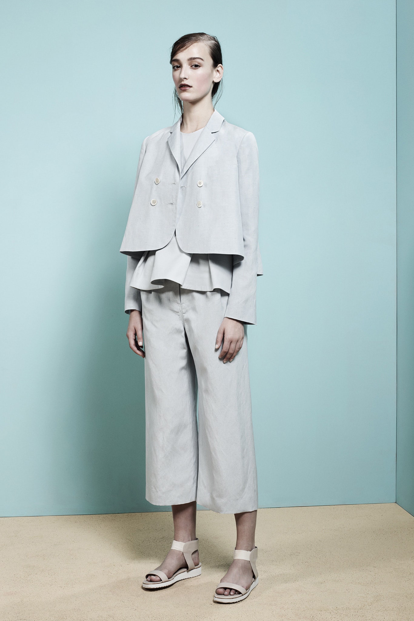 gray cotton blazer and culottes