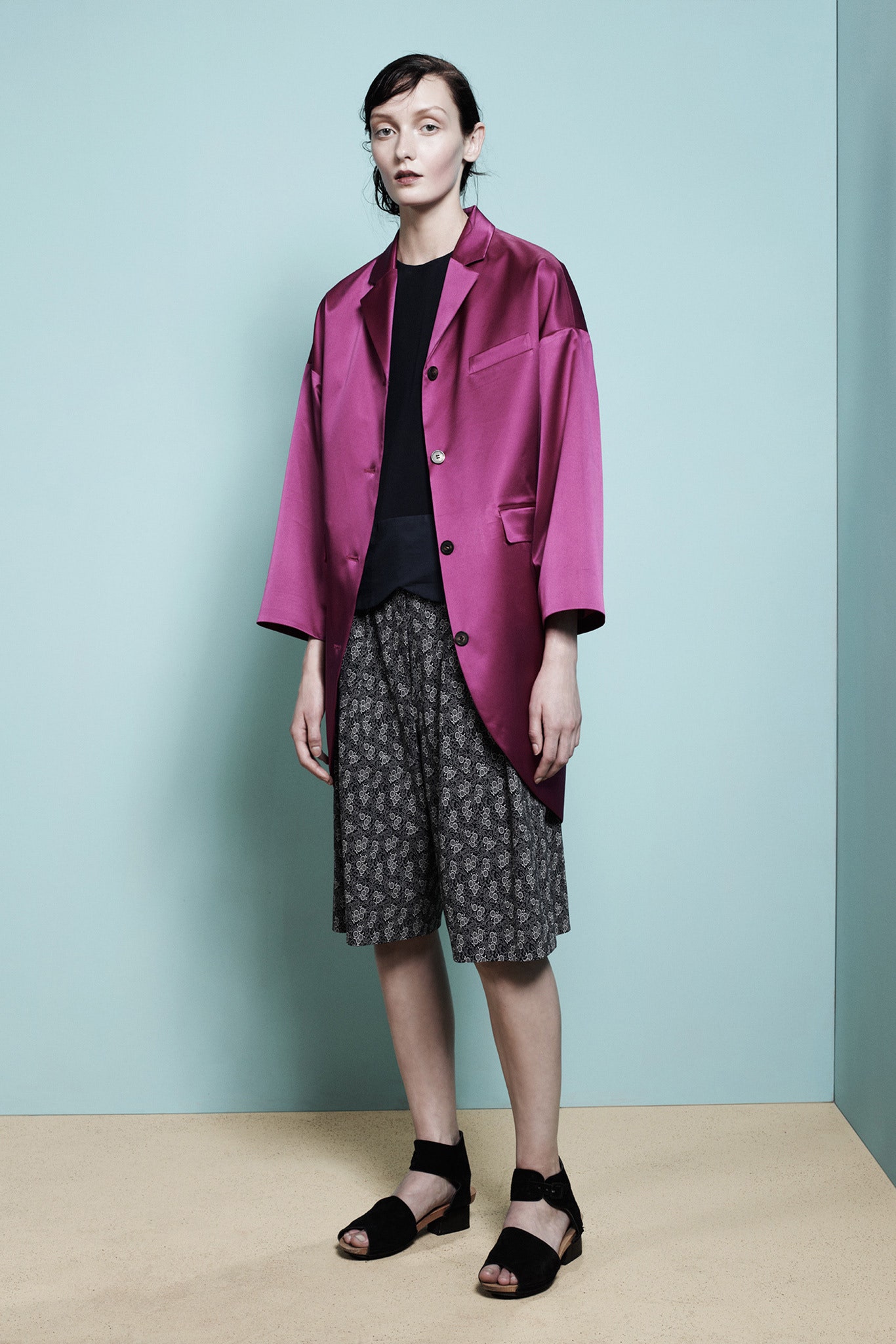 pink silk relaxed jacket with black top