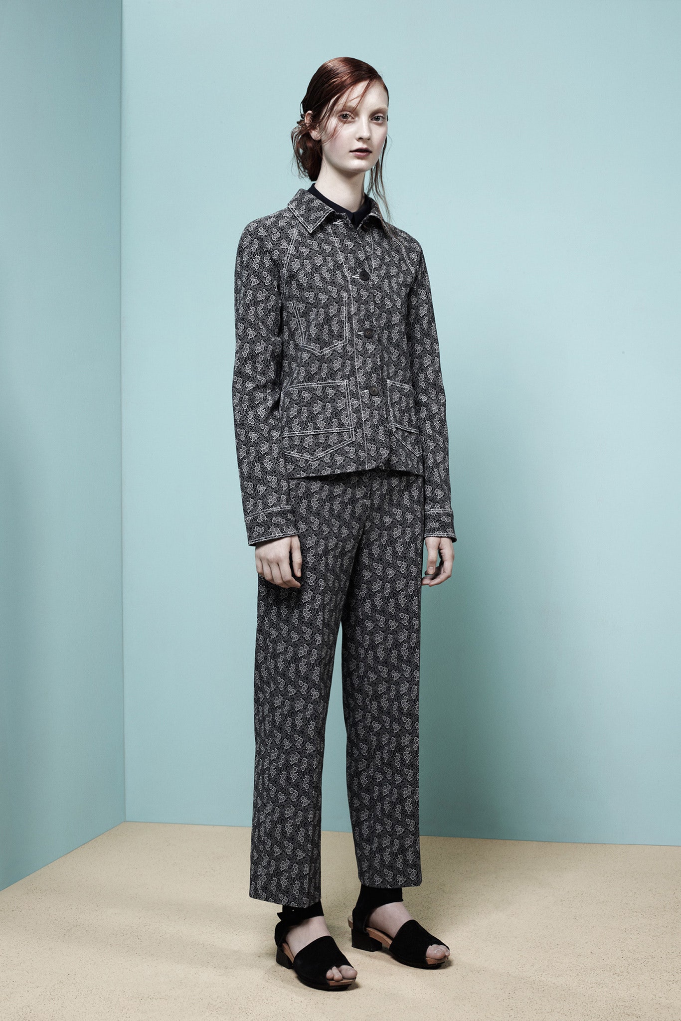 black and white printed jacket and pants