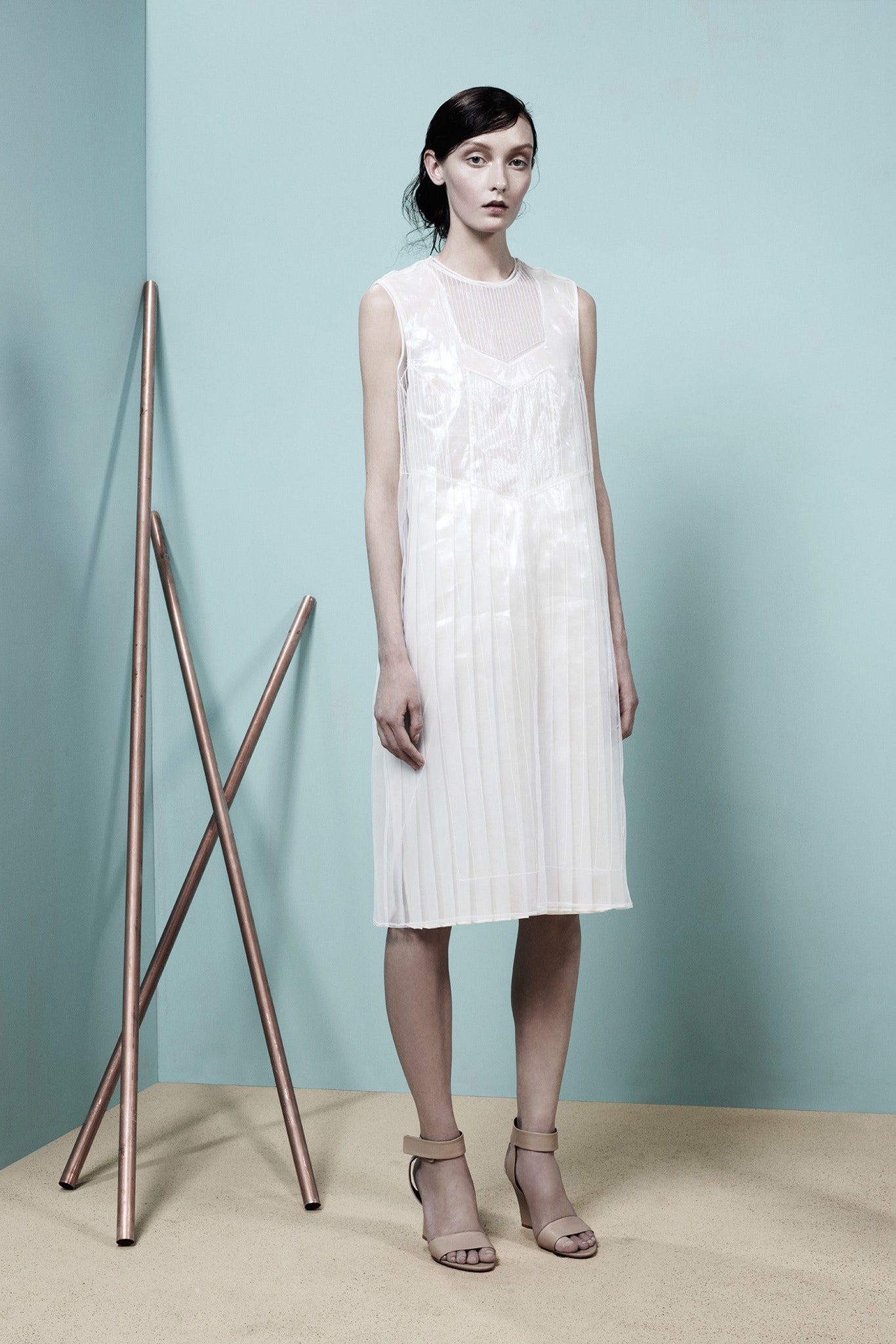 white silk sleeveless pleated dress