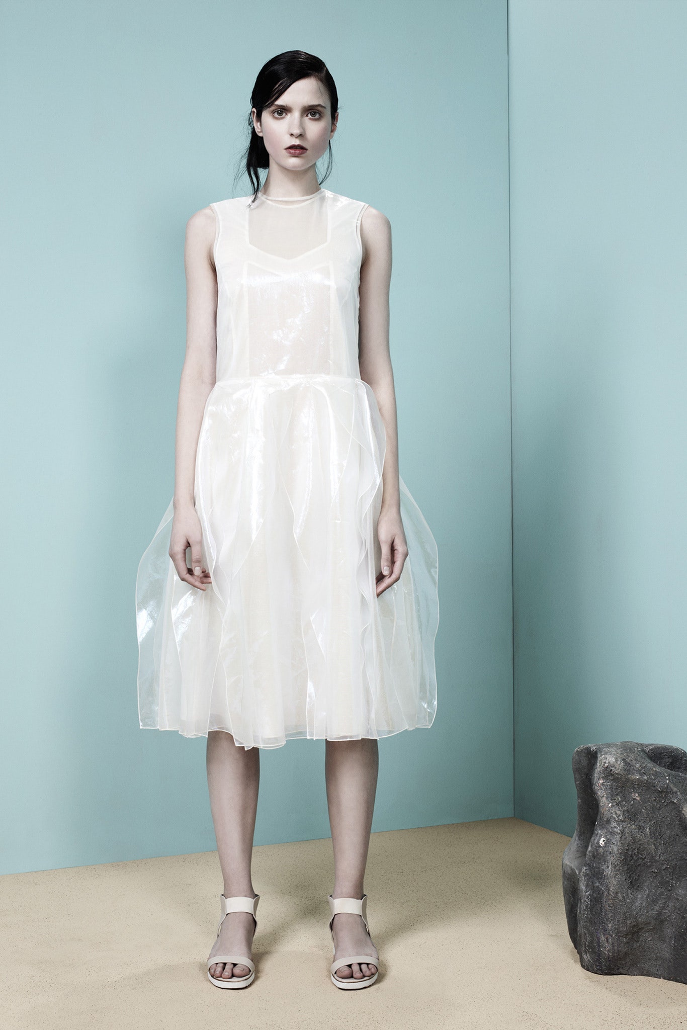 white sheer pleated midi dress