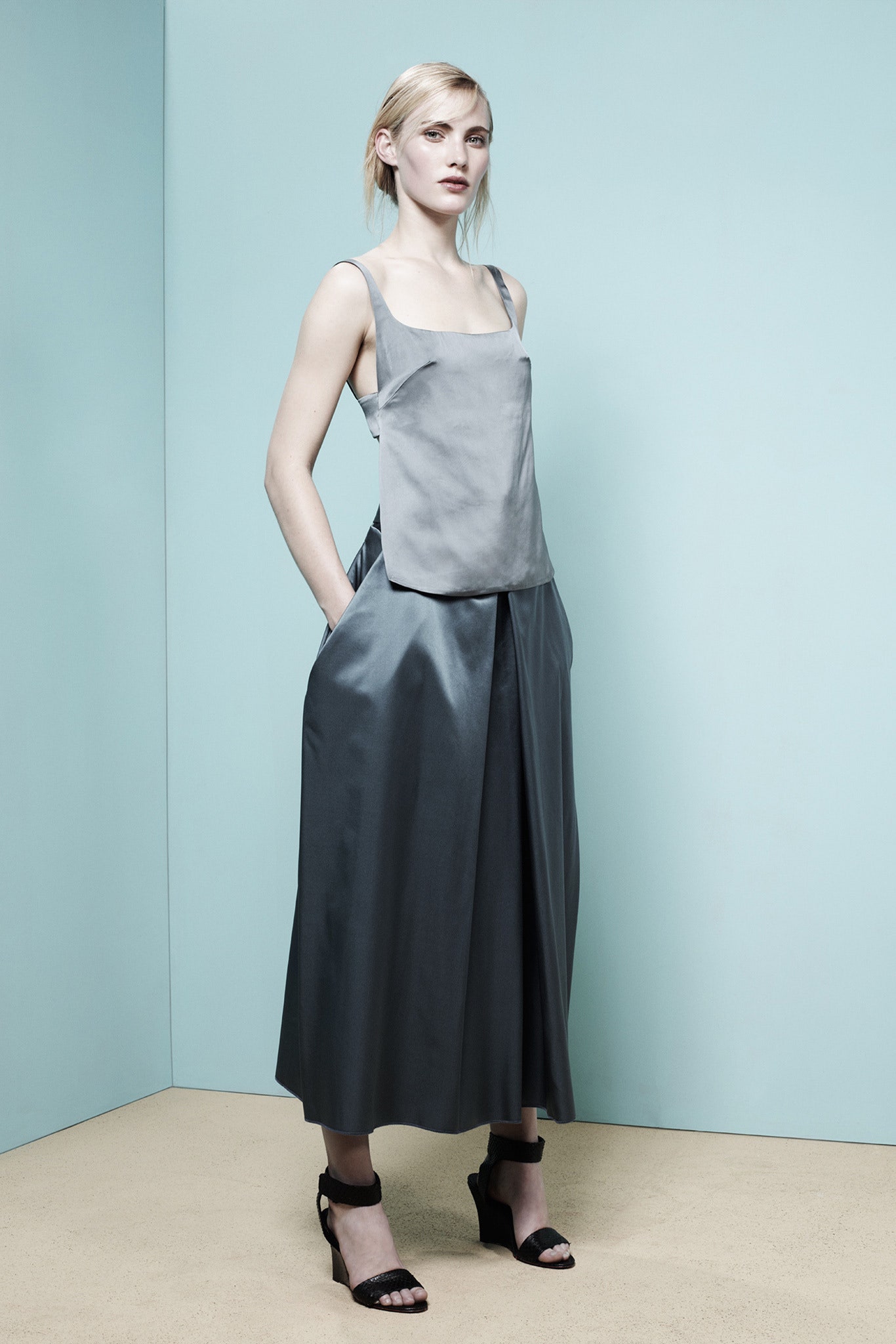 gray silk relaxed high-waisted pleated flowing midi skirt