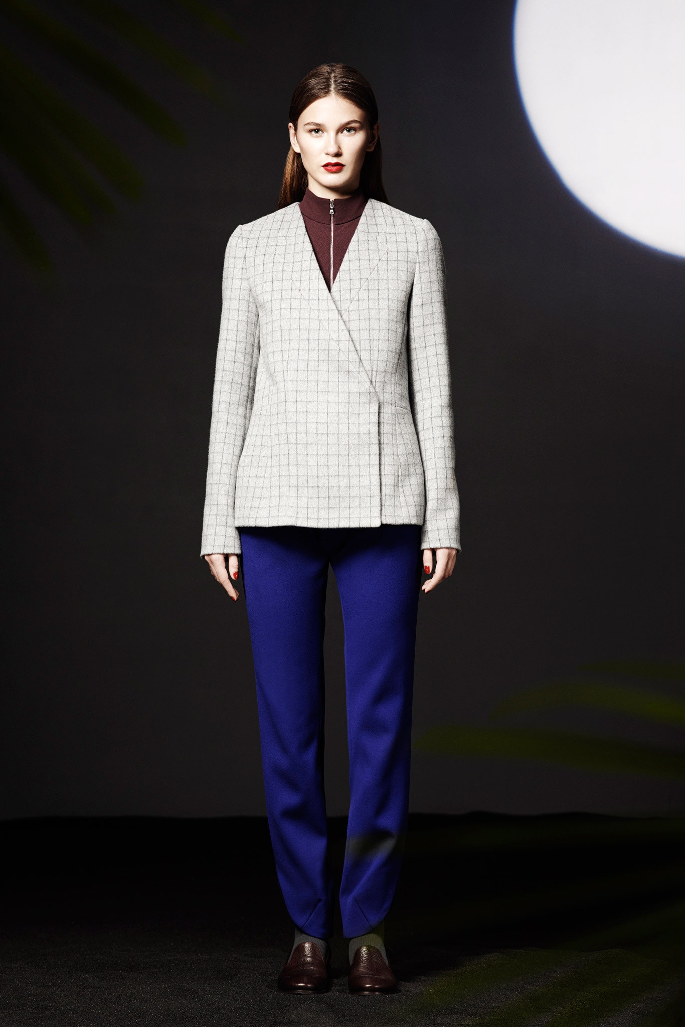 gray tailored blazer with blue pants