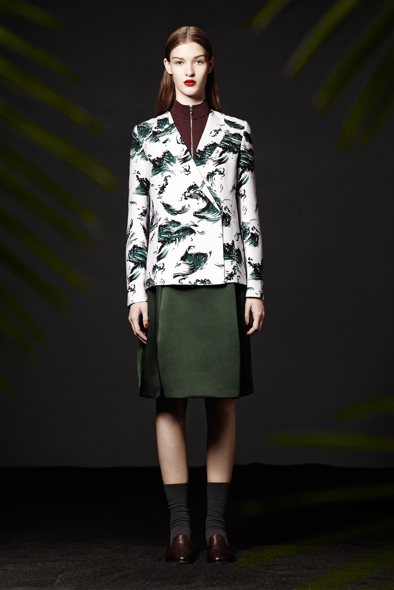 printed blazer with green skirt