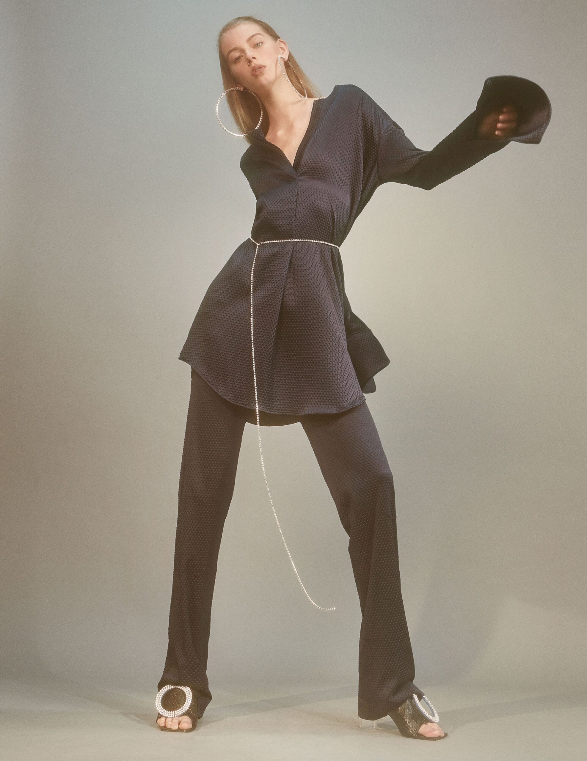 black silk fitted top and pants