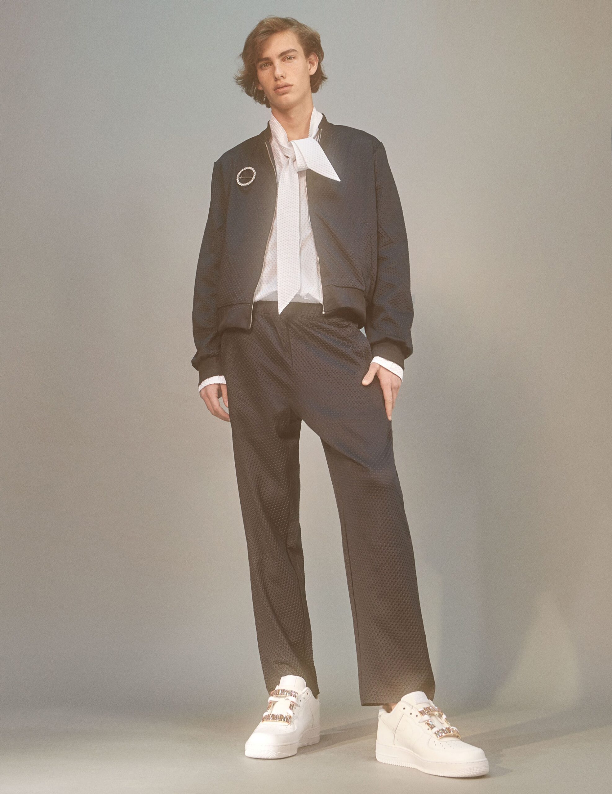 black relaxed jacket with white shirt