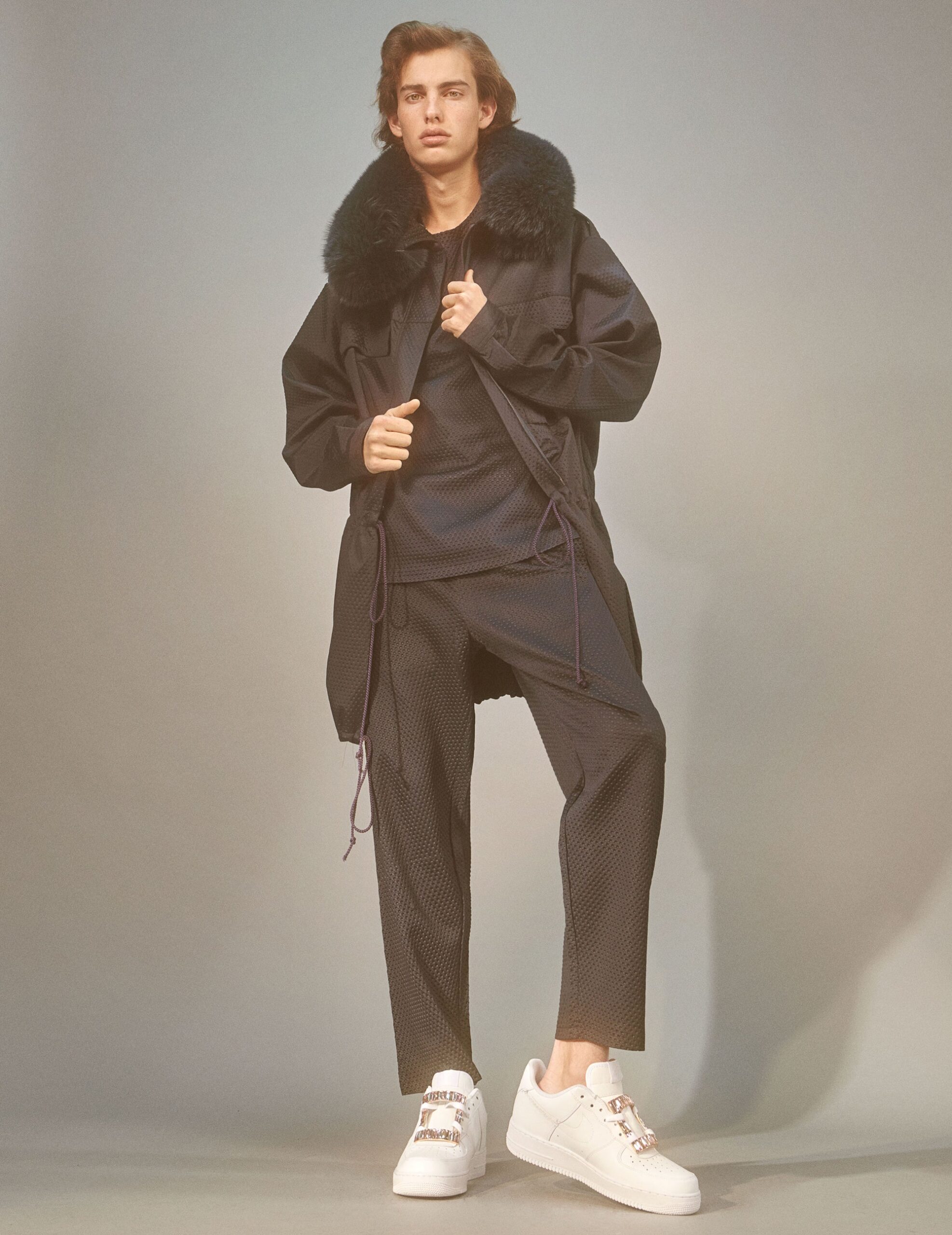 black relaxed coat with slim pants