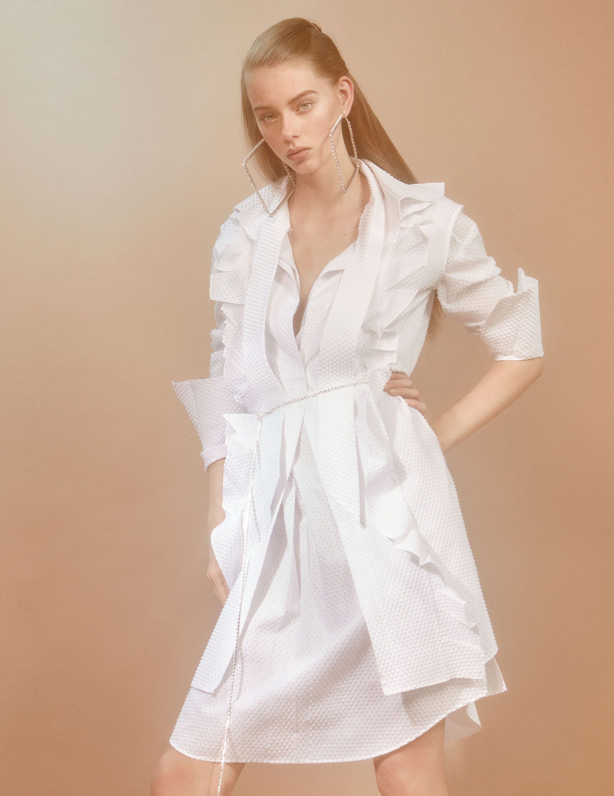 white ruffled midi dress