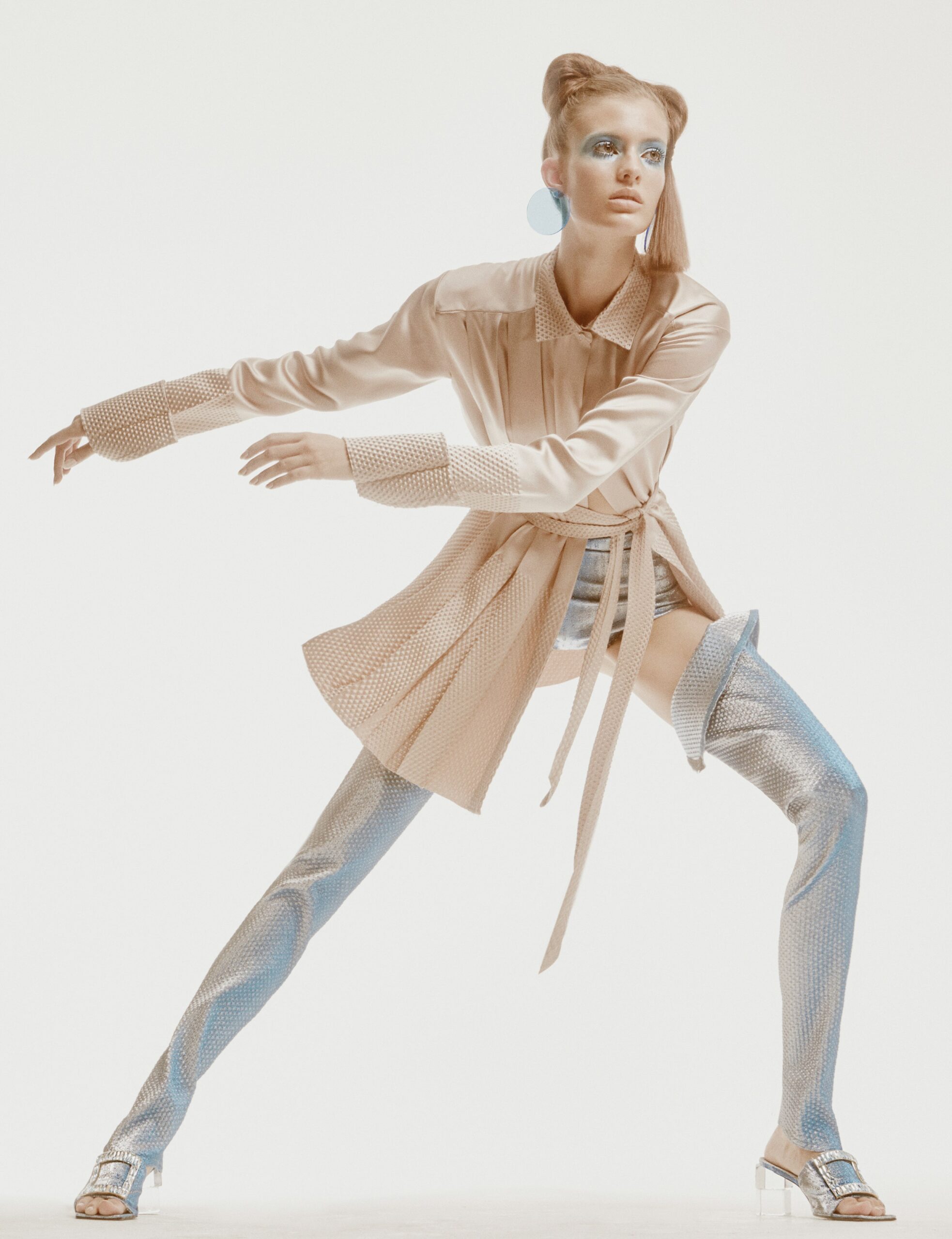 beige silk coat and silver pants