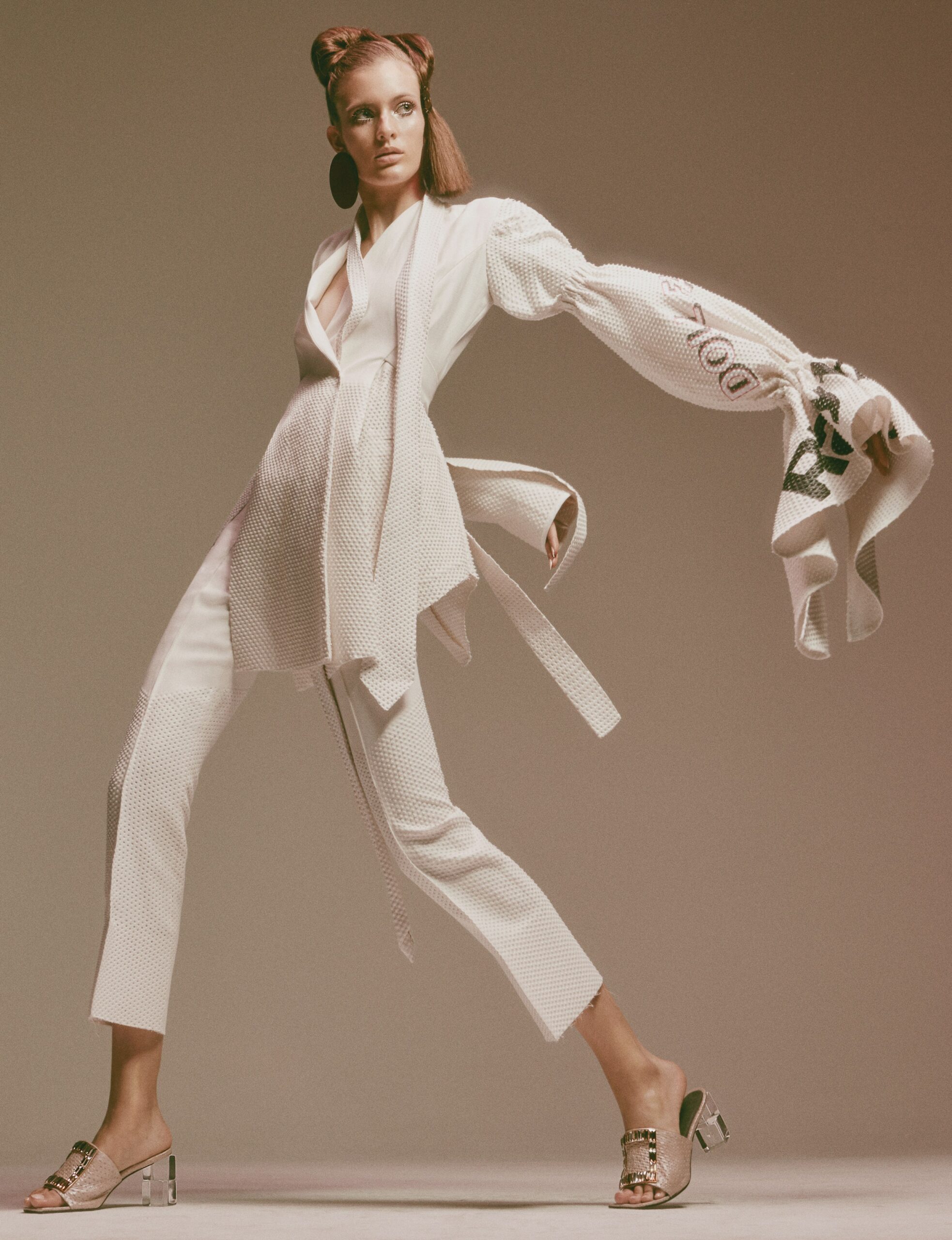 white fitted blouse and pants