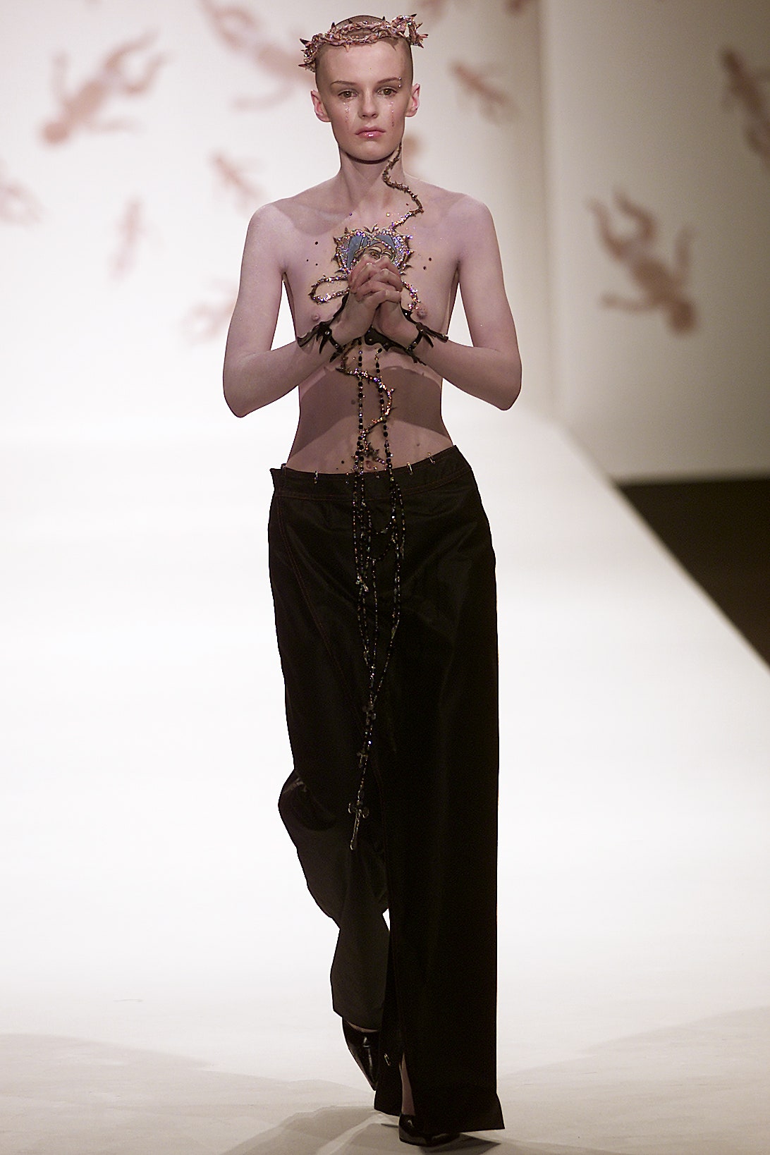 black relaxed pants and nude top