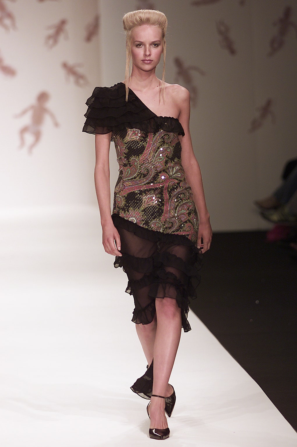 black multi-colored ruffled dress