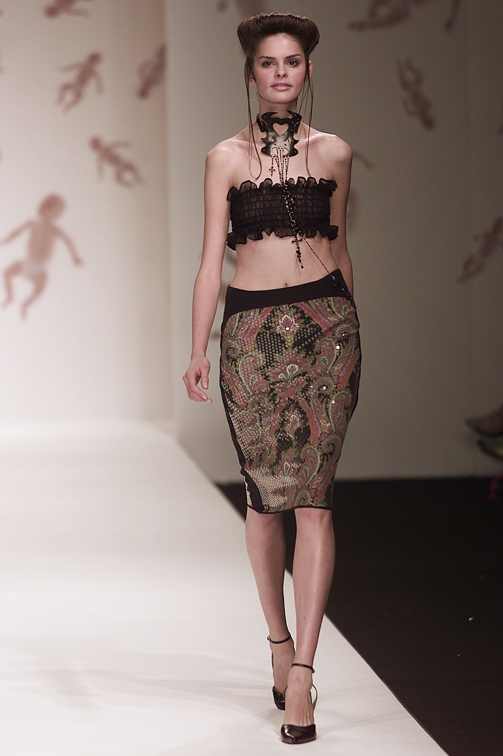 black lace top and multi skirt