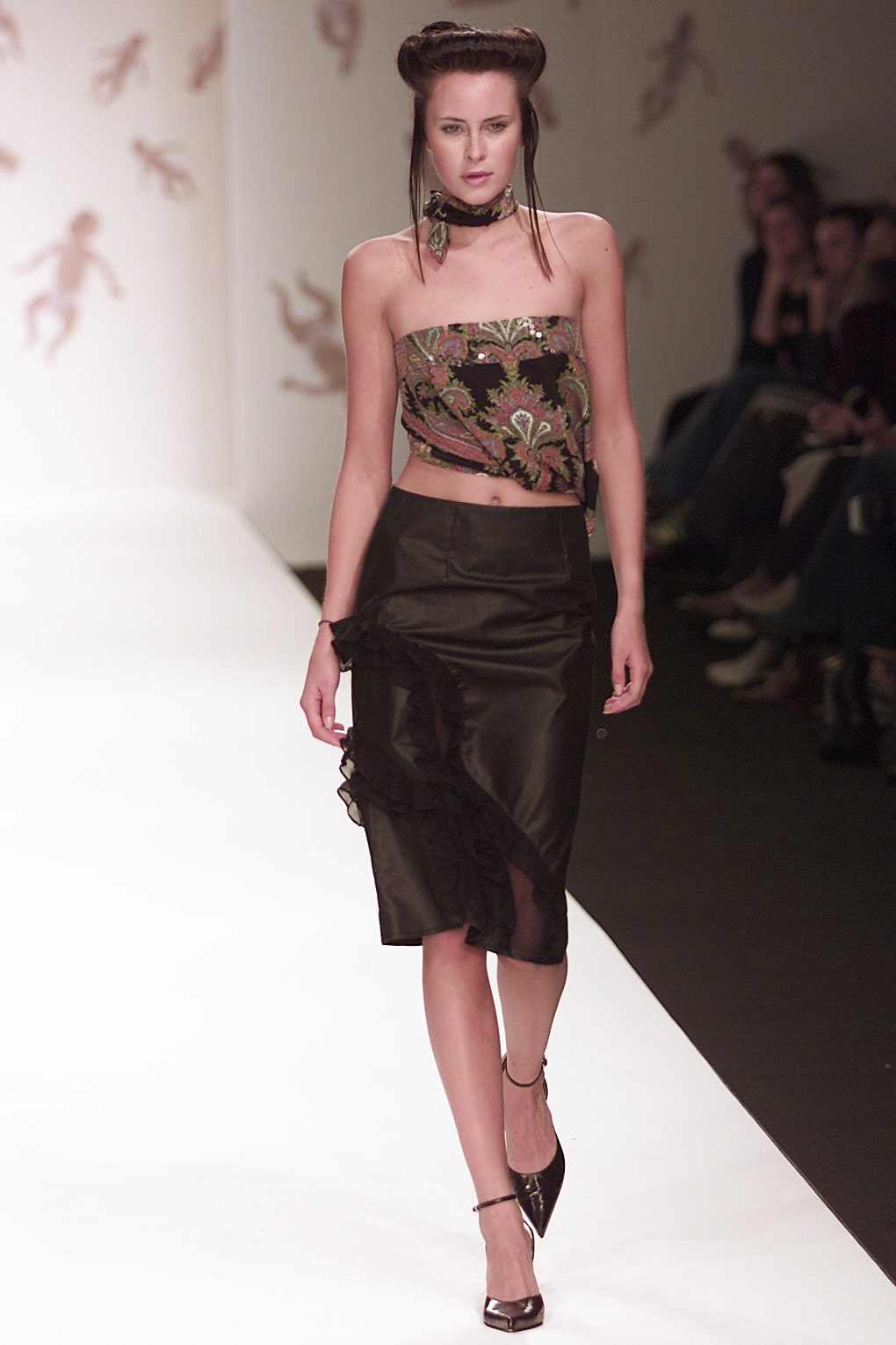 multi embroidered strapless top with black skirt