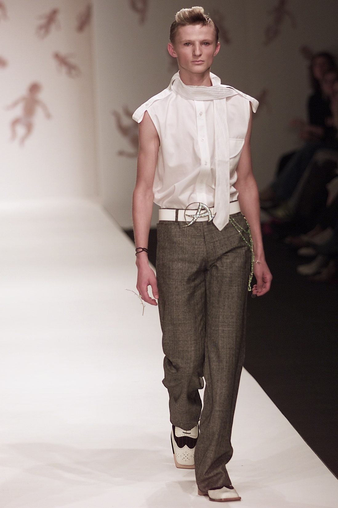 fitted white shirt and tailored gray pants