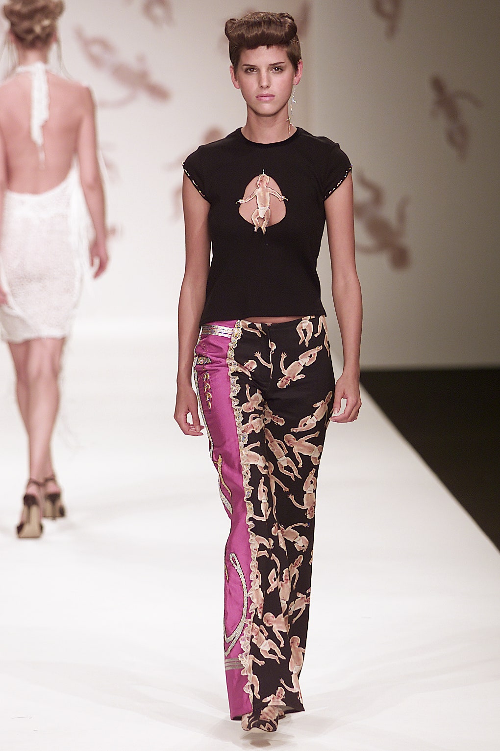 black fitted top with printed pants