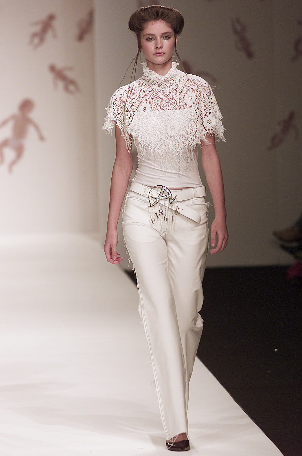 white lace blouse and fitted pants